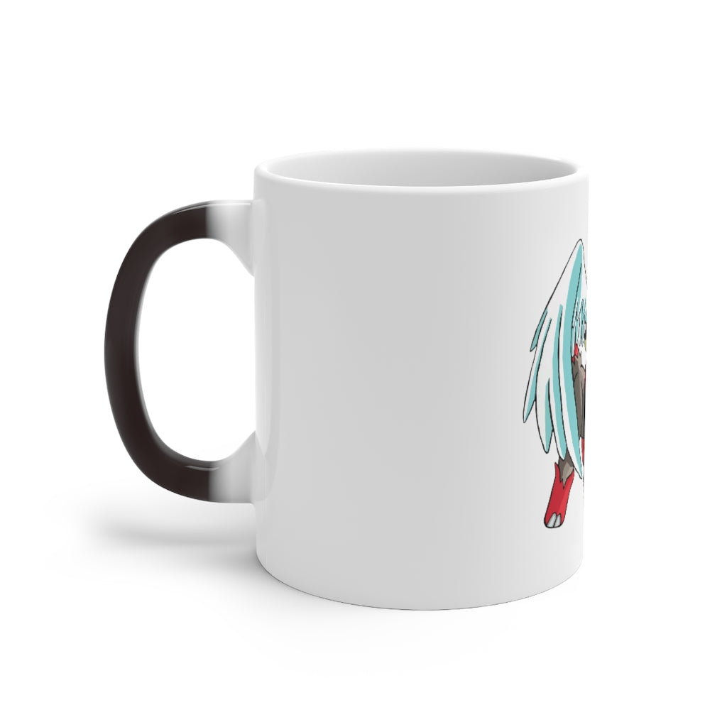 Nomais Color Changing Mug showcasing vibrant colors when filled with a hot beverage, featuring a white ceramic design and a comfortable C-handle.