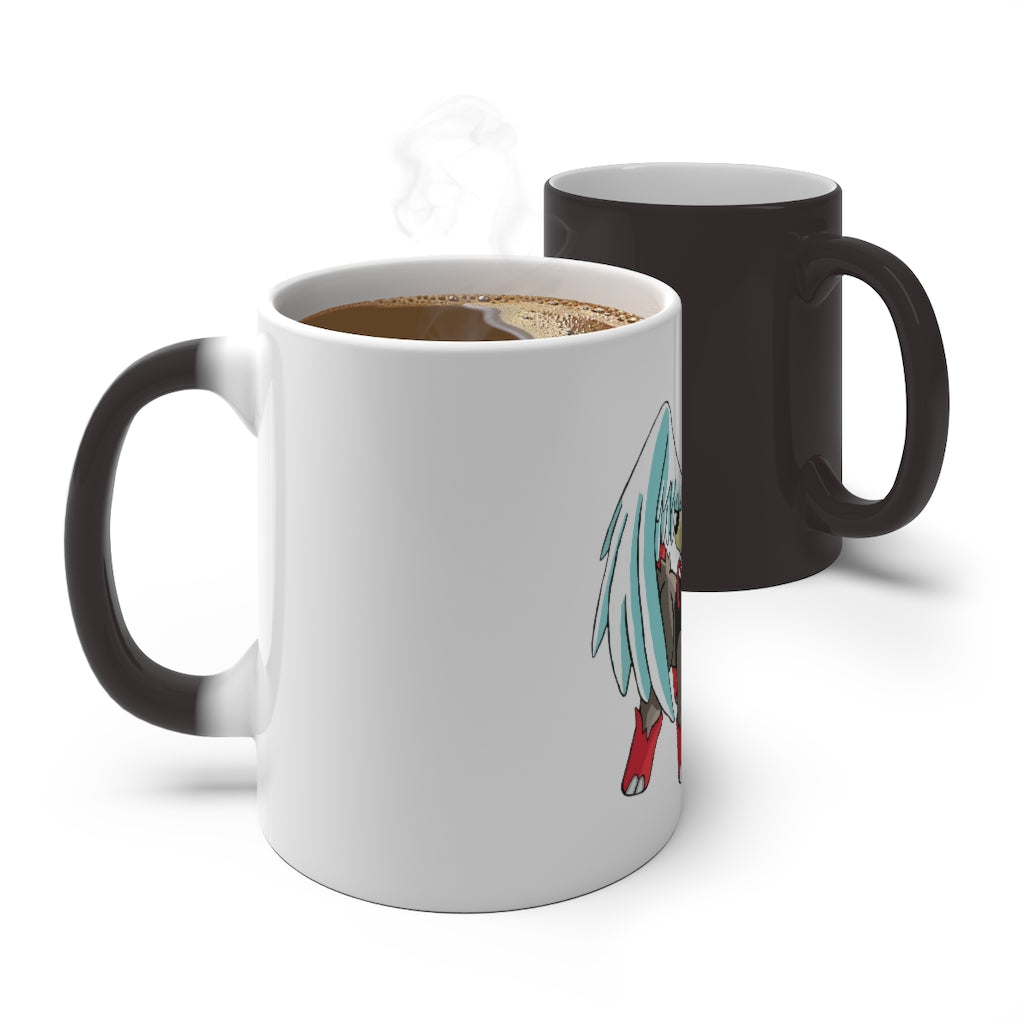 Nomais Color Changing Mug showcasing vibrant colors when filled with a hot beverage, featuring a white ceramic design and a comfortable C-handle.