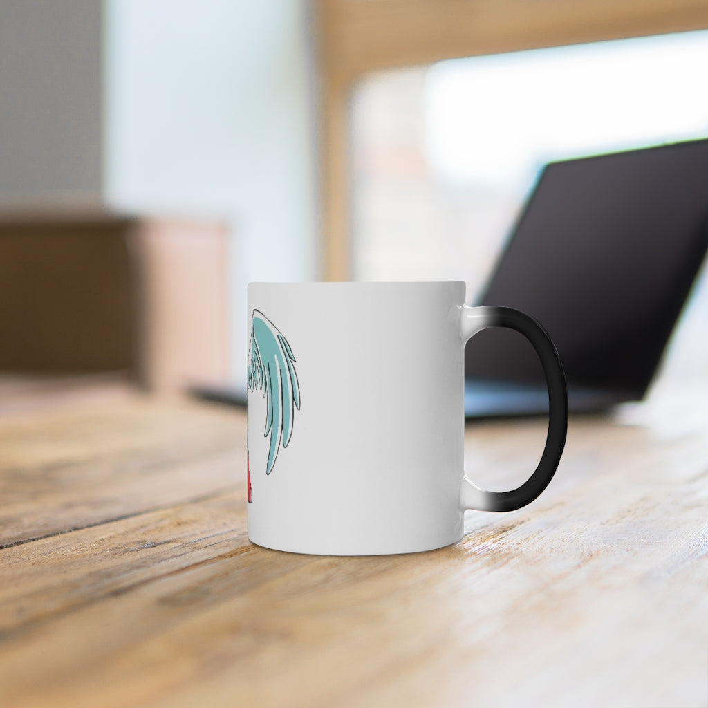 Nomais Color Changing Mug showcasing vibrant colors when filled with a hot beverage, featuring a white ceramic design and a comfortable C-handle.