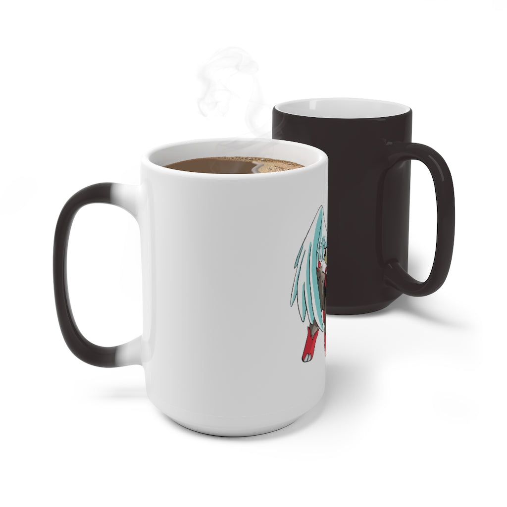 Nomais Color Changing Mug showcasing vibrant colors when filled with a hot beverage, featuring a white ceramic design and a comfortable C-handle.