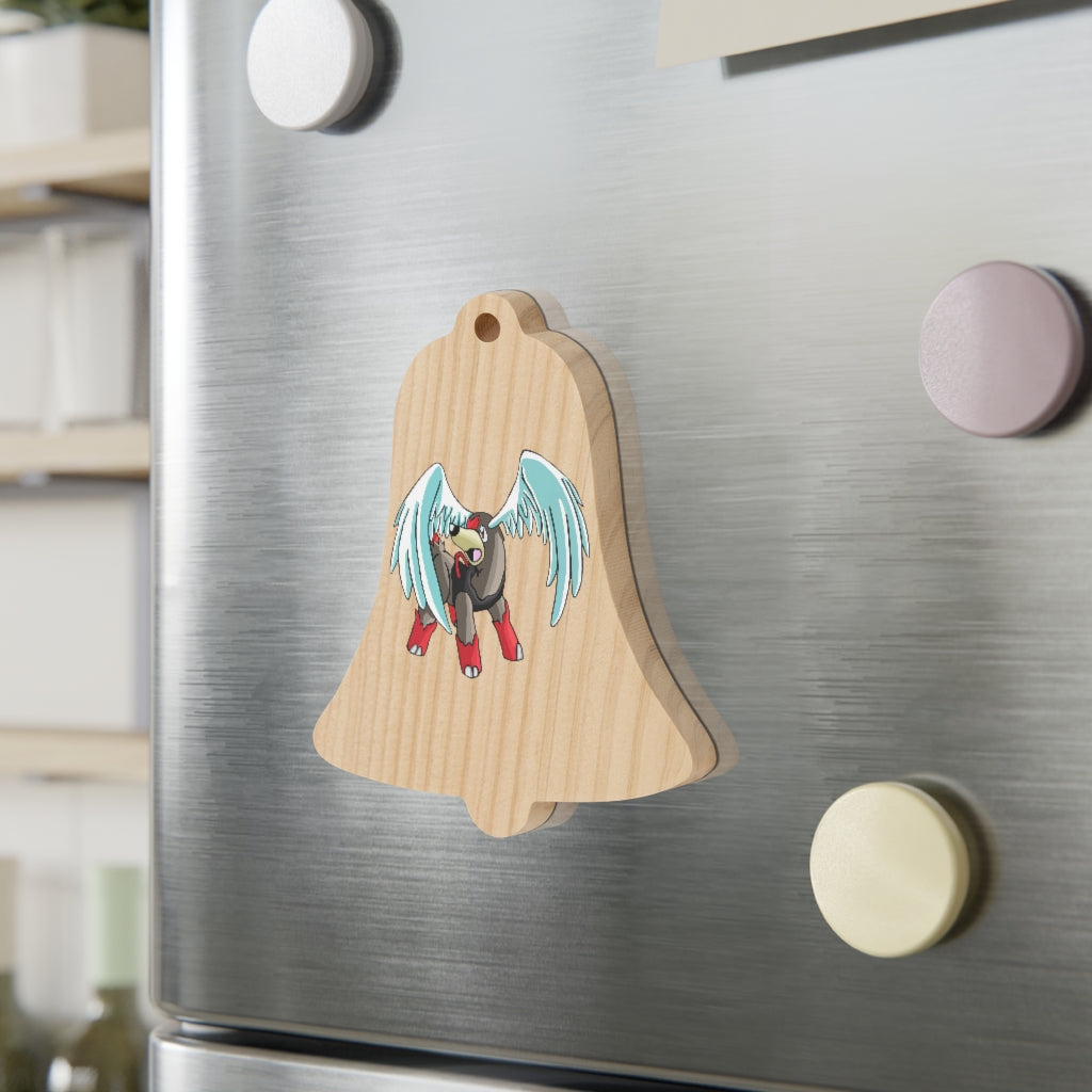 Nomais Wooden Christmas Ornaments featuring six whimsical shapes, crafted from solid wood with a red ribbon for hanging and a magnetic back.