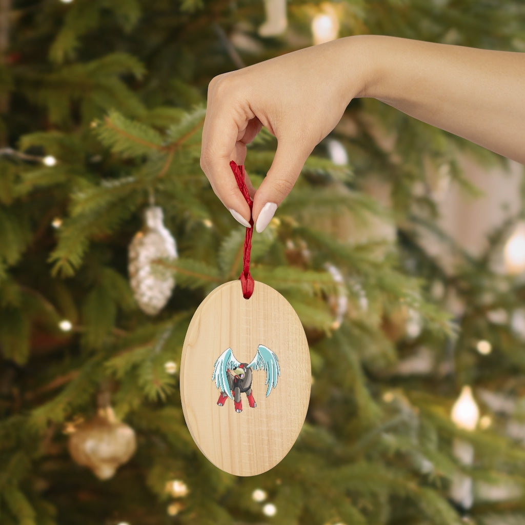 Nomais Wooden Christmas Ornaments featuring six whimsical shapes, crafted from solid wood with a red ribbon for hanging and a magnetic back.