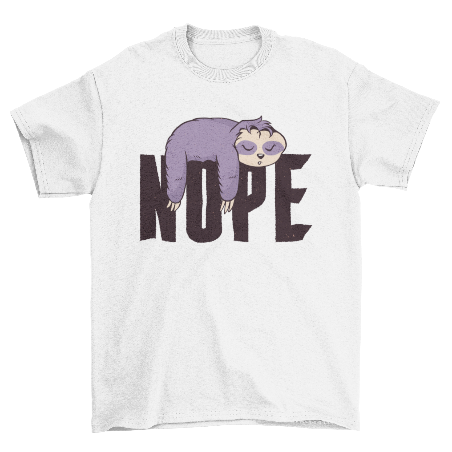 A cool t-shirt design featuring a sloth sleeping on the word 'Nope', showcasing a playful and relaxed vibe.