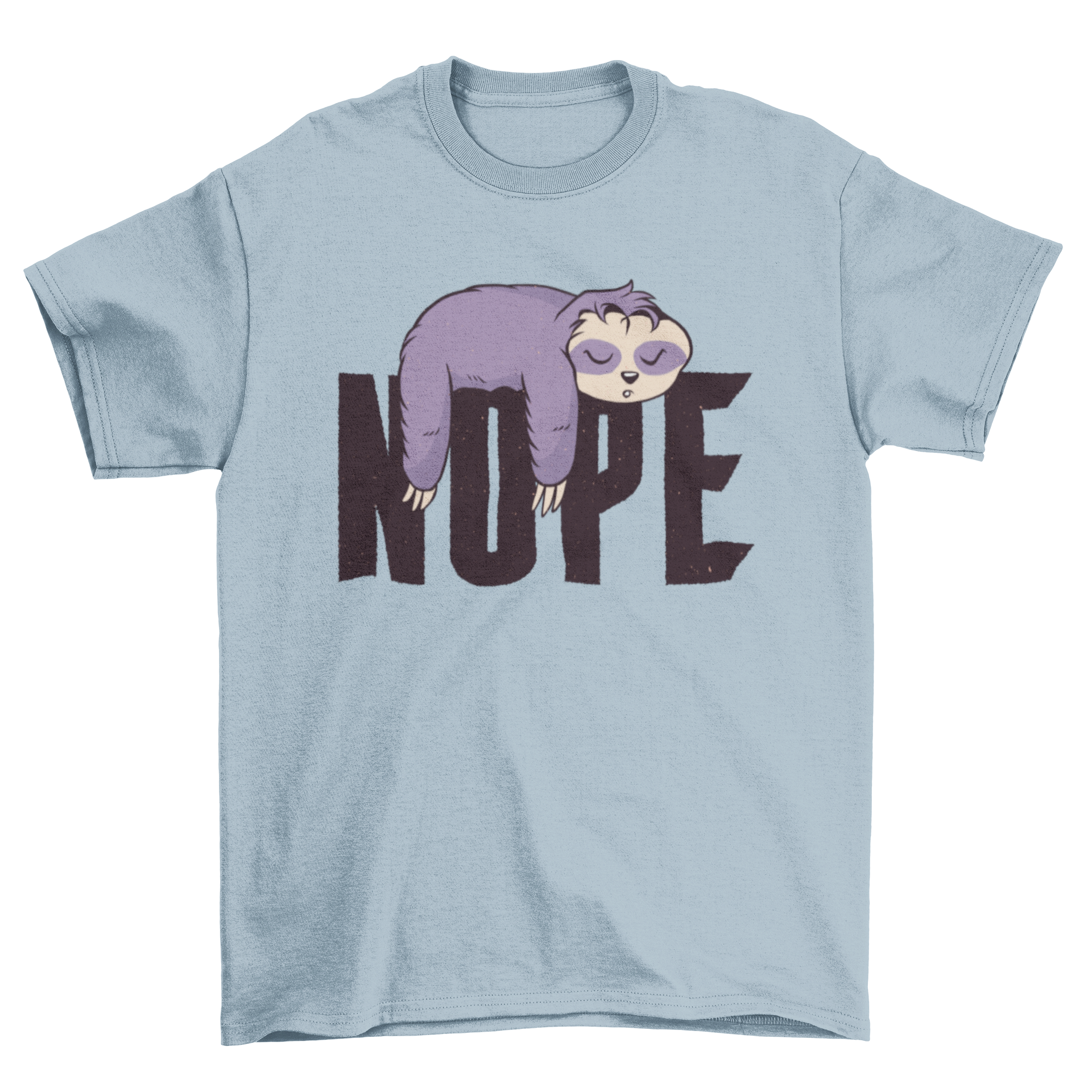 A cool t-shirt design featuring a sloth sleeping on the word 'Nope', showcasing a playful and relaxed vibe.