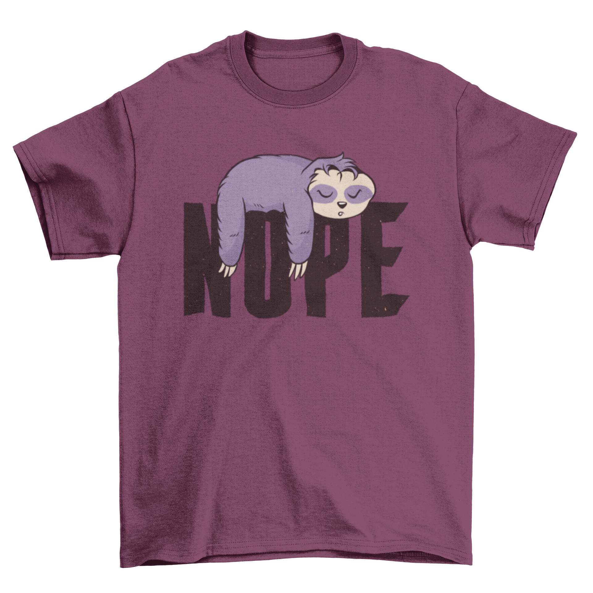 A cool t-shirt design featuring a sloth sleeping on the word 'Nope', showcasing a playful and relaxed vibe.