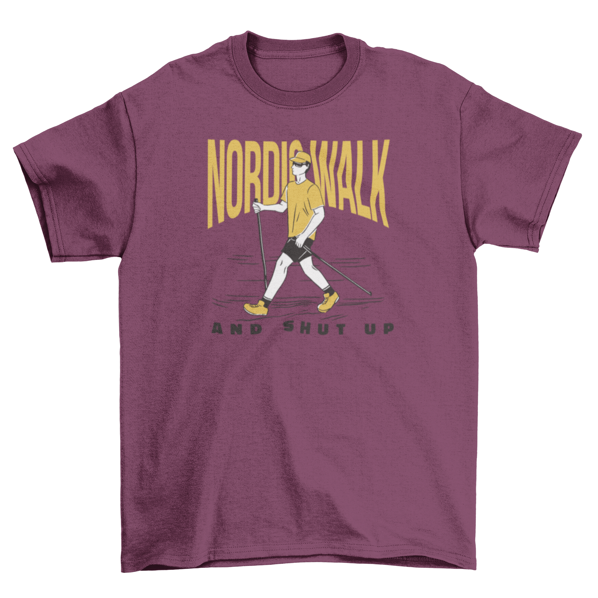 A stylish Nordic walking t-shirt featuring a man walking with the quote 'Nordic walk and shut up'.