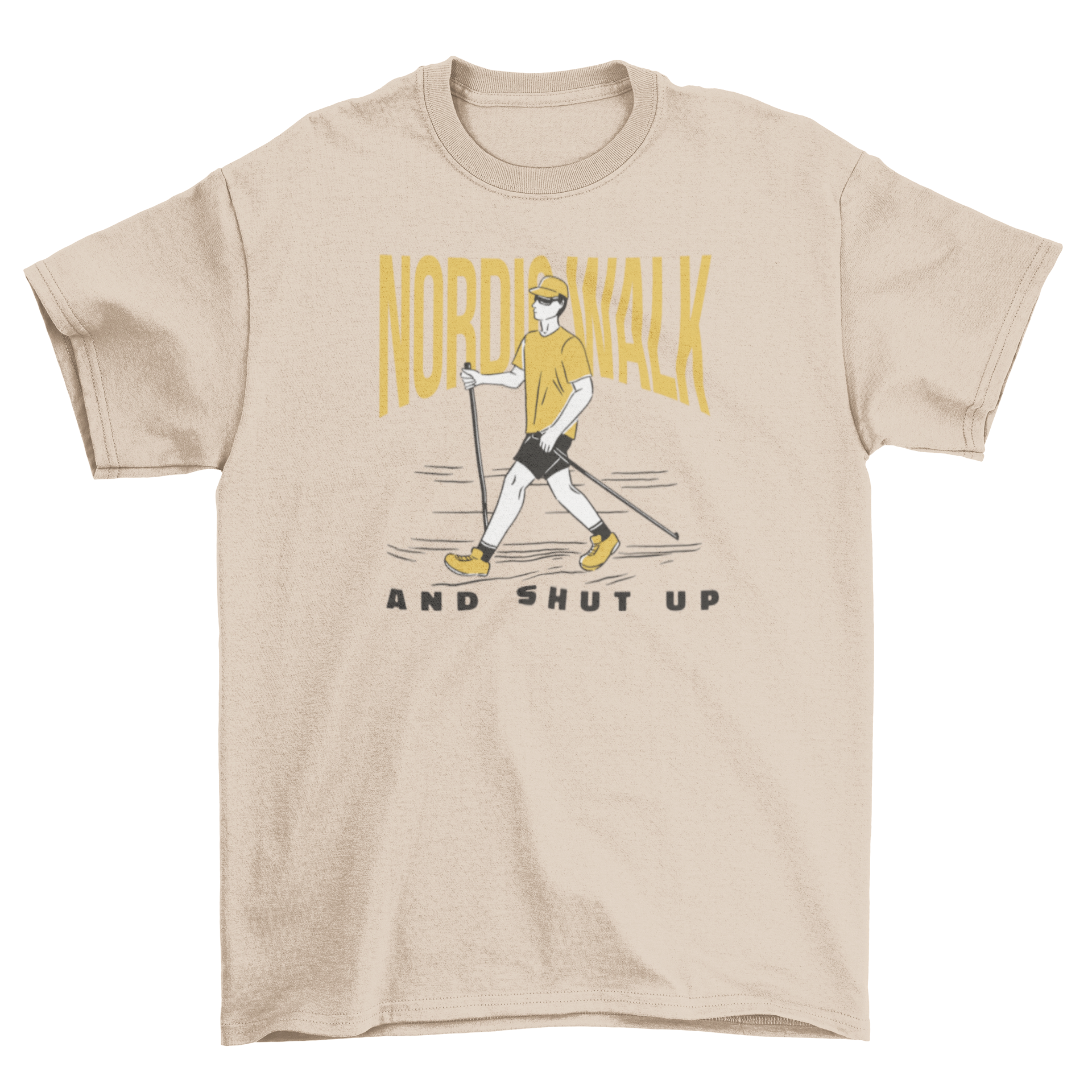 A stylish Nordic walking t-shirt featuring a man walking with the quote 'Nordic walk and shut up'.