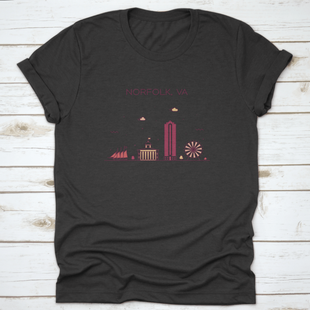 Trendy vector illustration of Norfolk Skyline, Virginia, USA on a cotton t-shirt, showcasing iconic buildings in a linear style.