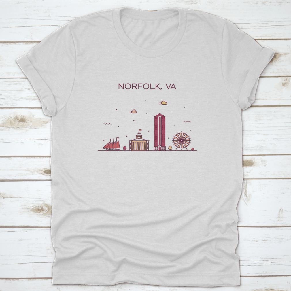 Trendy vector illustration of Norfolk Skyline, Virginia, USA on a cotton t-shirt, showcasing iconic buildings in a linear style.