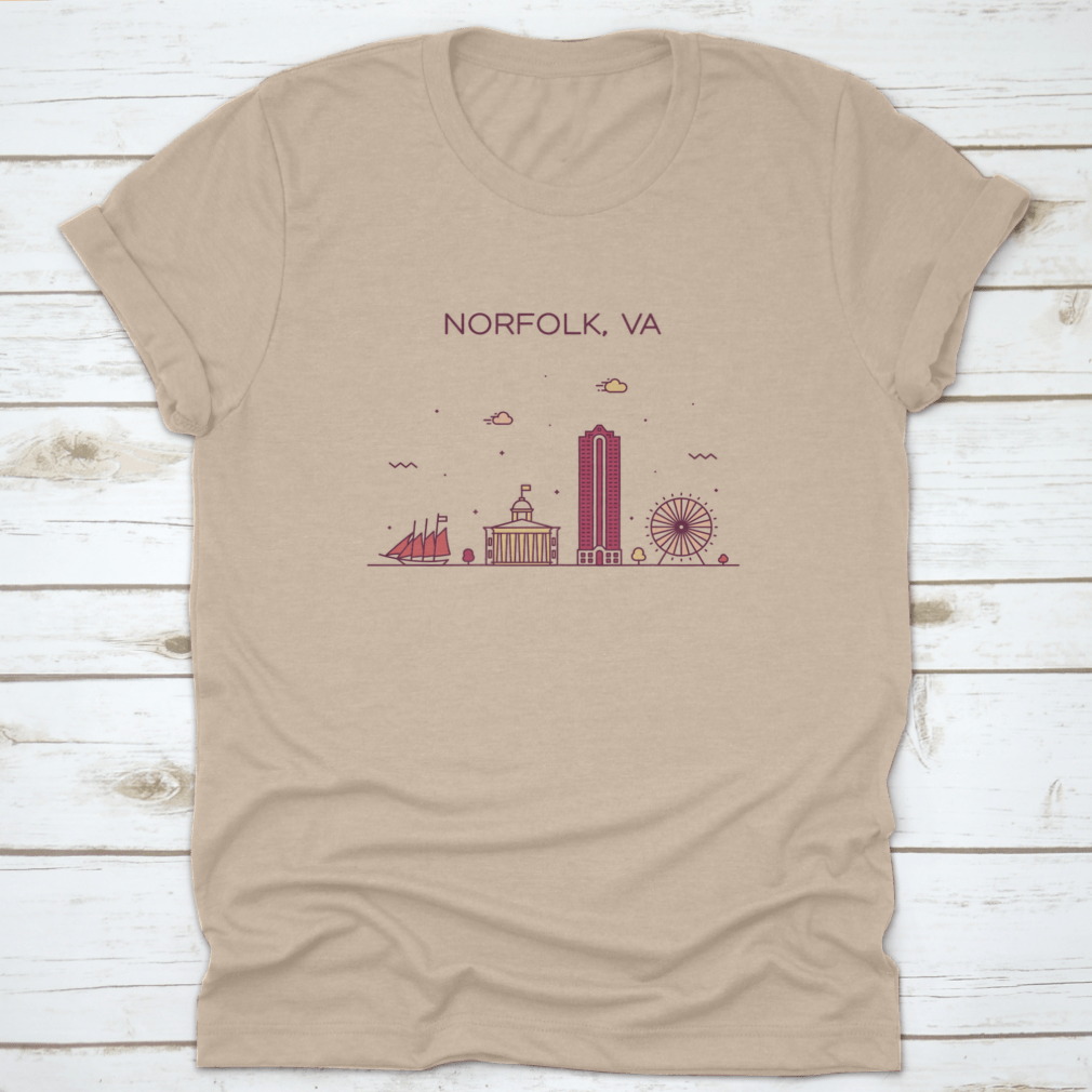 Trendy vector illustration of Norfolk Skyline, Virginia, USA on a cotton t-shirt, showcasing iconic buildings in a linear style.