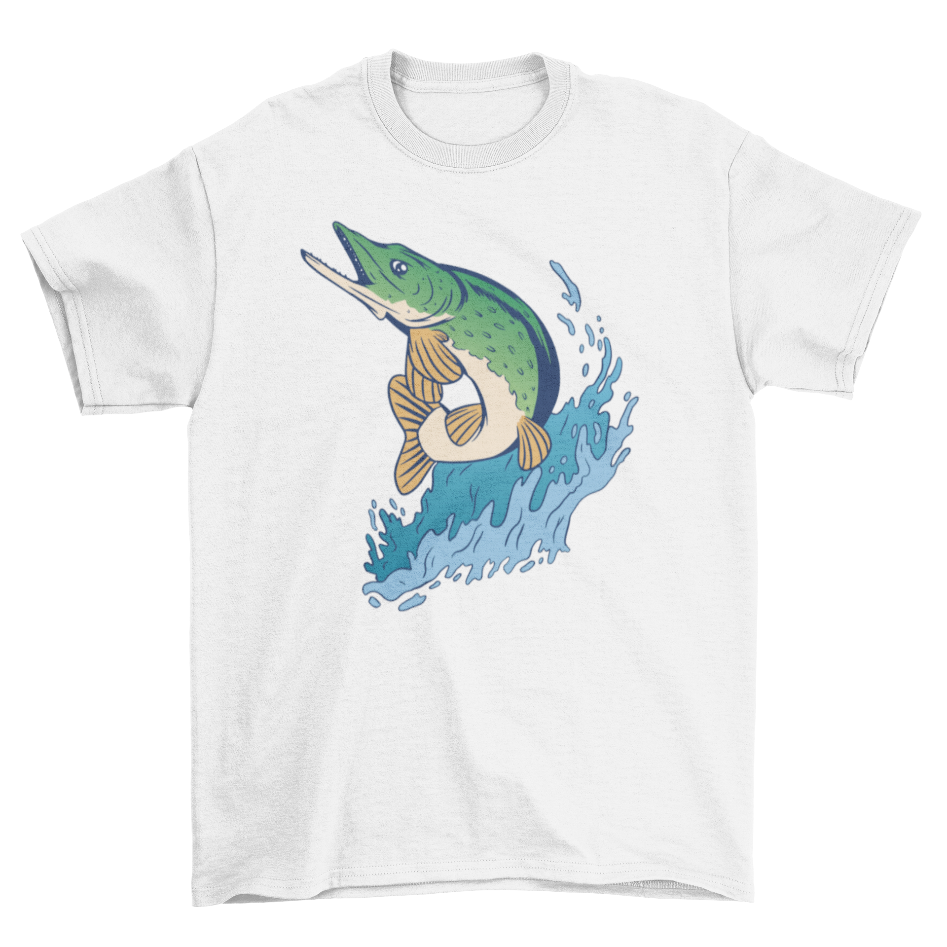 A stylish Northern Pike Fish T-shirt featuring a detailed print of a northern pike, perfect for fishing enthusiasts.