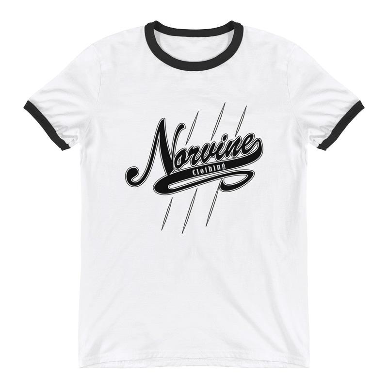 Norvine Campus Retro Ringer Tee featuring black stripes on a white organic cotton fabric, showcasing the Norvine logo on the back.