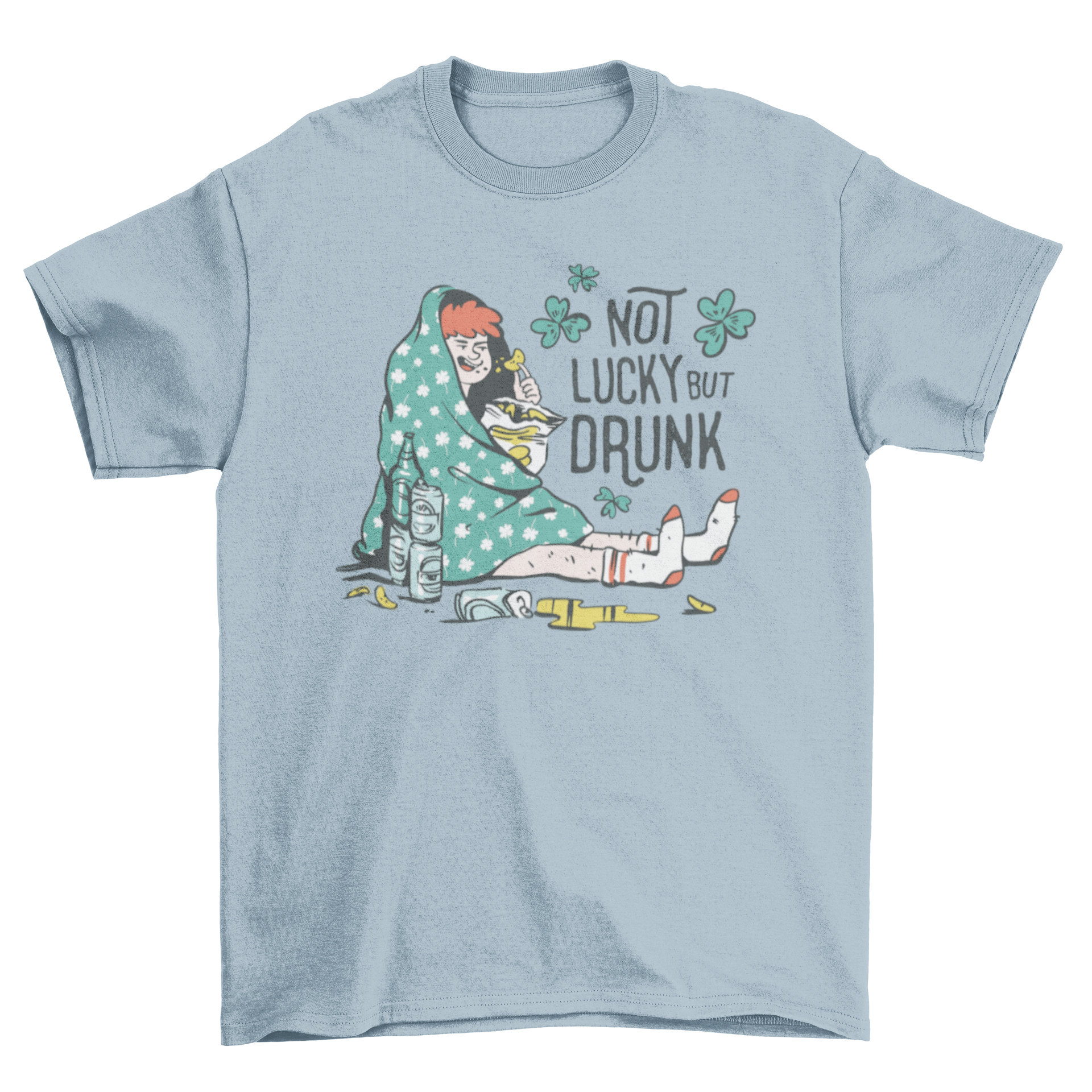 A humorous St. Patrick's Day t-shirt featuring a guy eating chips with the quote 'Not Lucky but Drunk'.