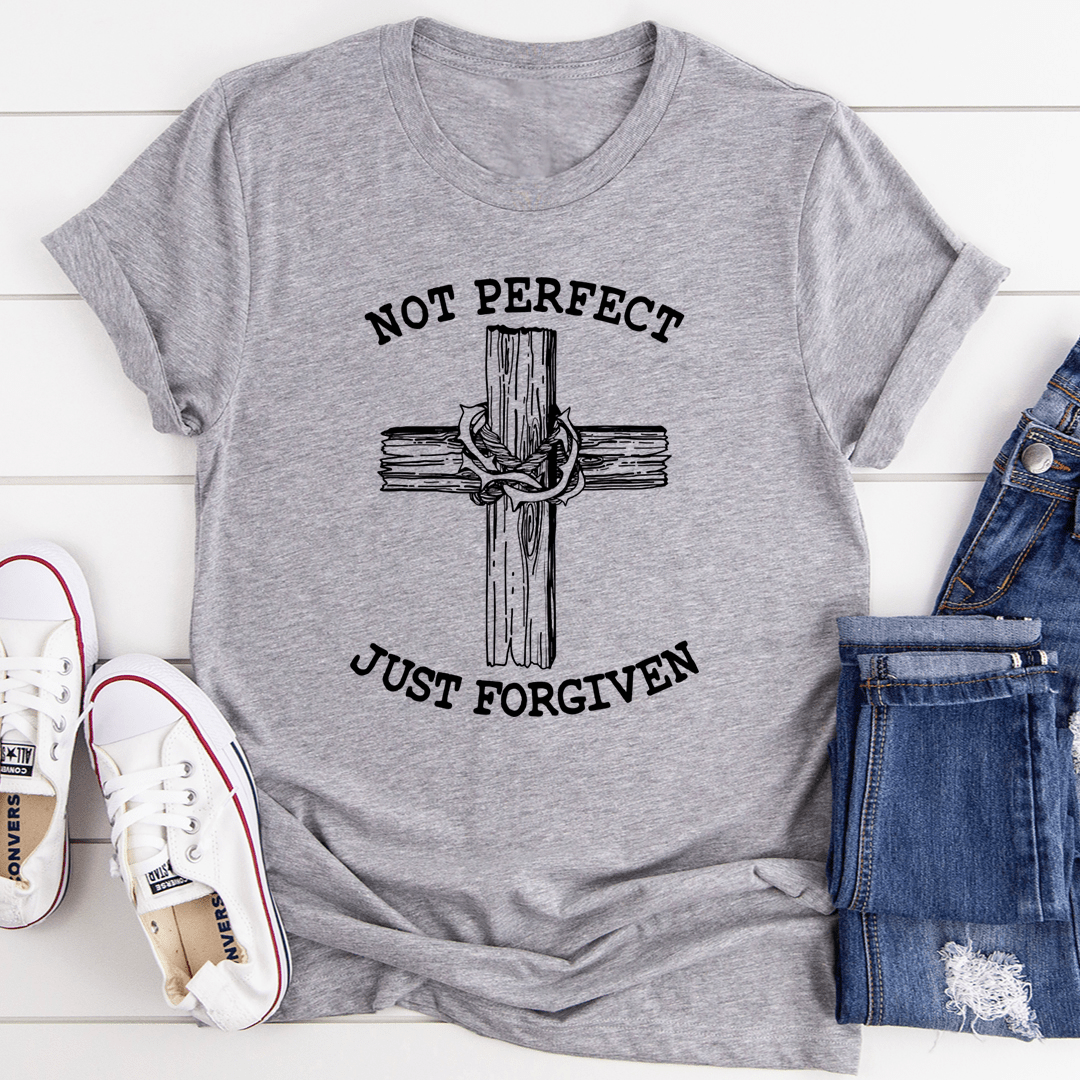 Not Perfect Just Forgiven T-Shirt displayed on a mannequin, showcasing its soft cotton fabric and double-stitched neckline.