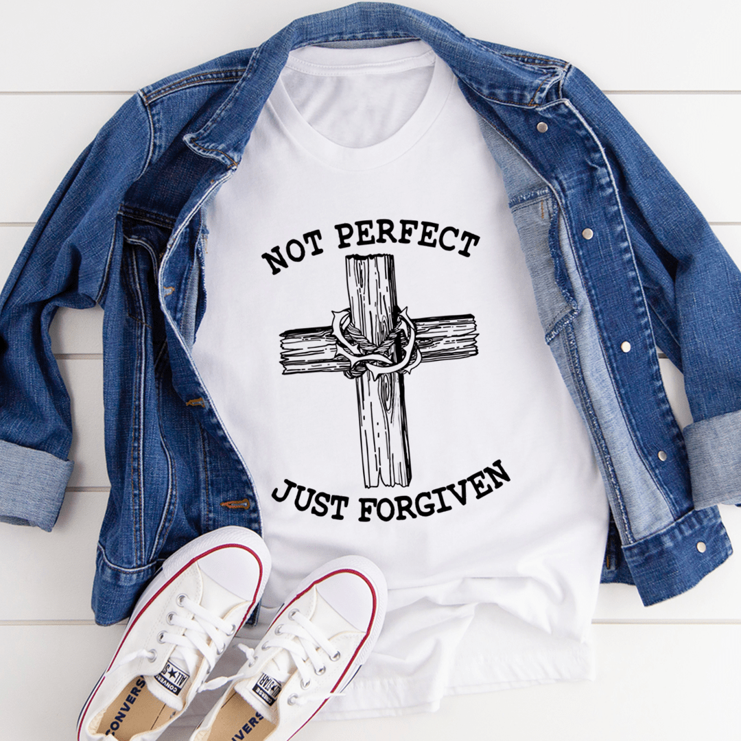 Not Perfect Just Forgiven T-Shirt displayed on a mannequin, showcasing its soft cotton fabric and double-stitched neckline.