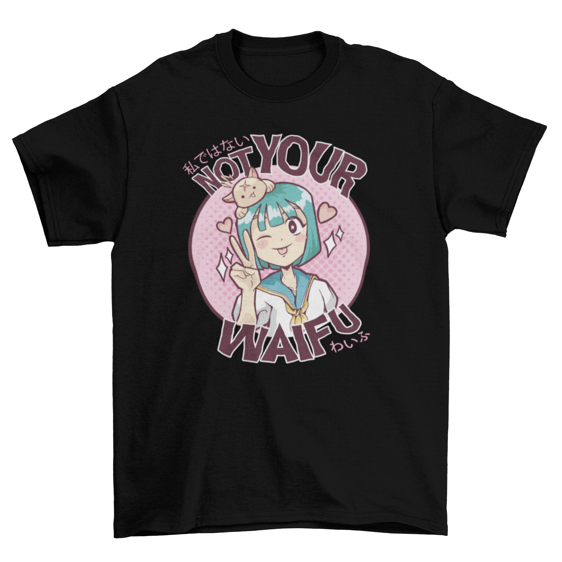 Not Your Waifu t-shirt featuring a kawaii girl illustration and peace sign, perfect for anime fans.