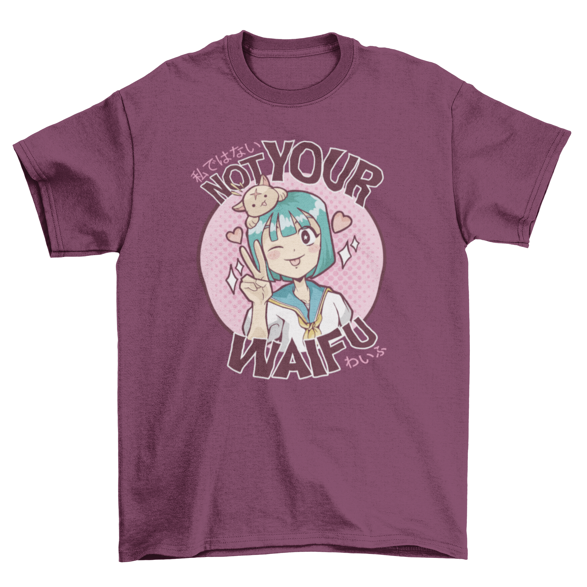 Not Your Waifu t-shirt featuring a kawaii girl illustration and peace sign, perfect for anime fans.