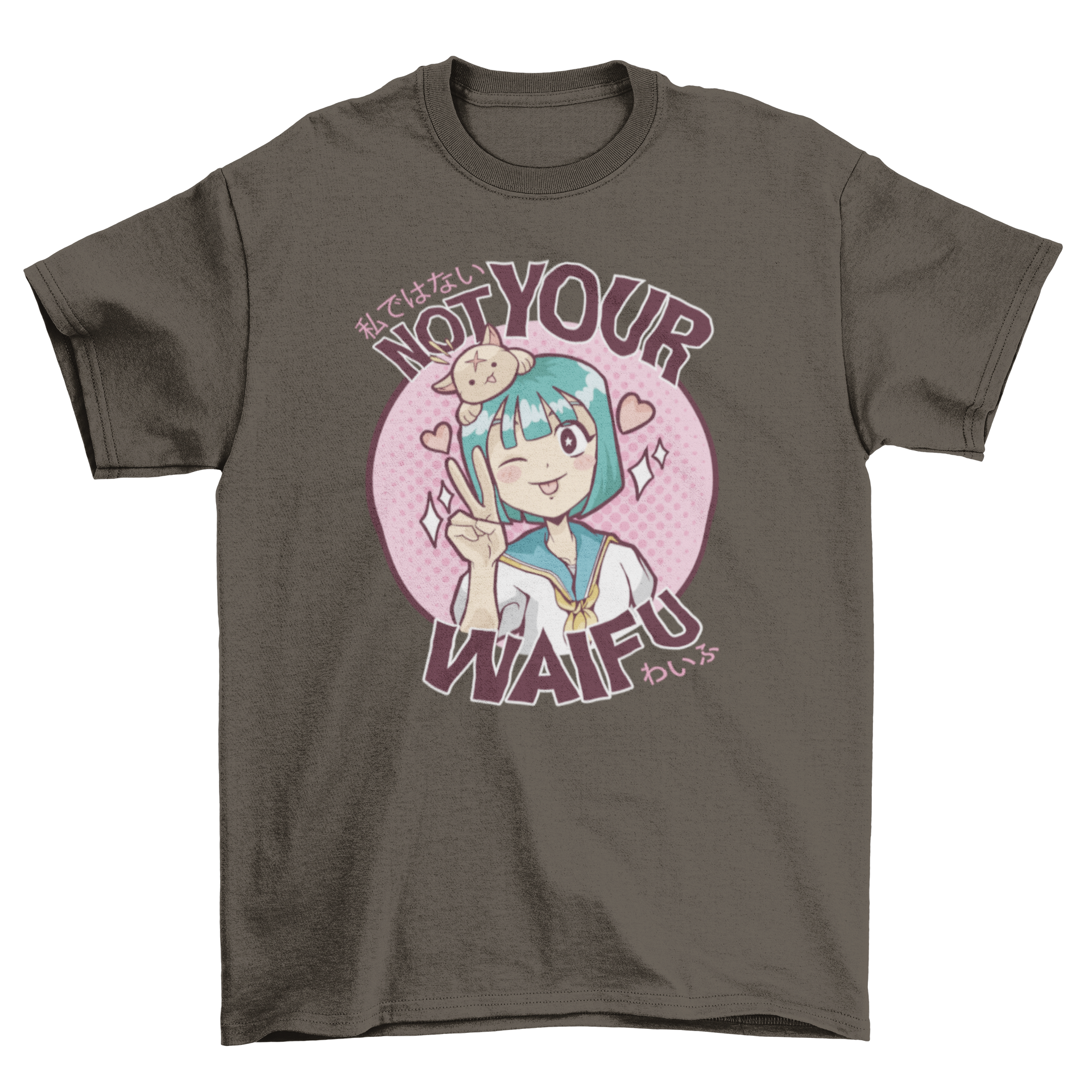 Not Your Waifu t-shirt featuring a kawaii girl illustration and peace sign, perfect for anime fans.