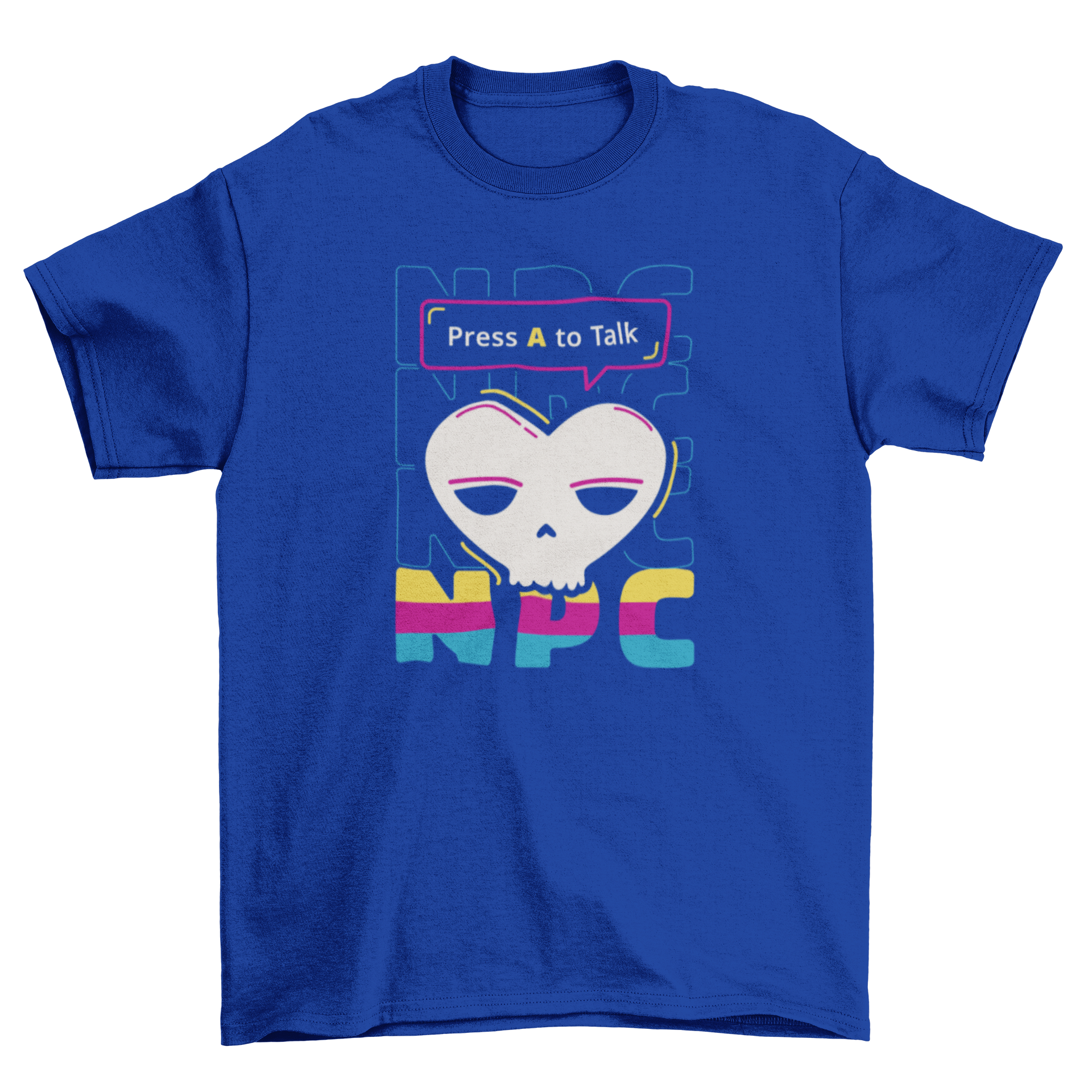 NPC Gaming retro t-shirt featuring the quote 'Press A to talk - NPC' in a stylish design for gamers.