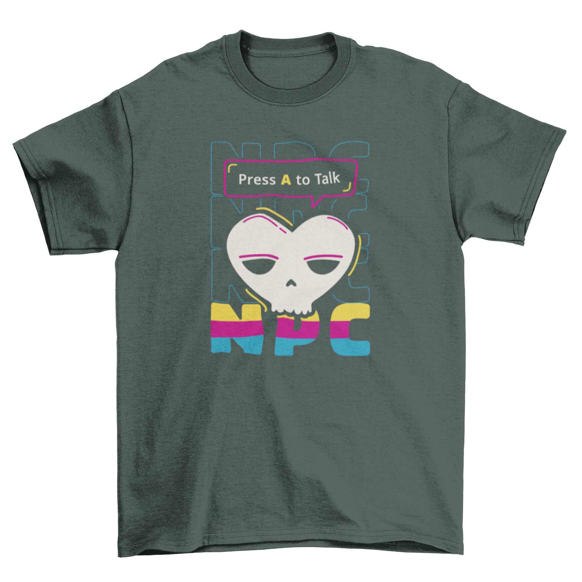 NPC Gaming retro t-shirt featuring the quote 'Press A to talk - NPC' in a stylish design for gamers.