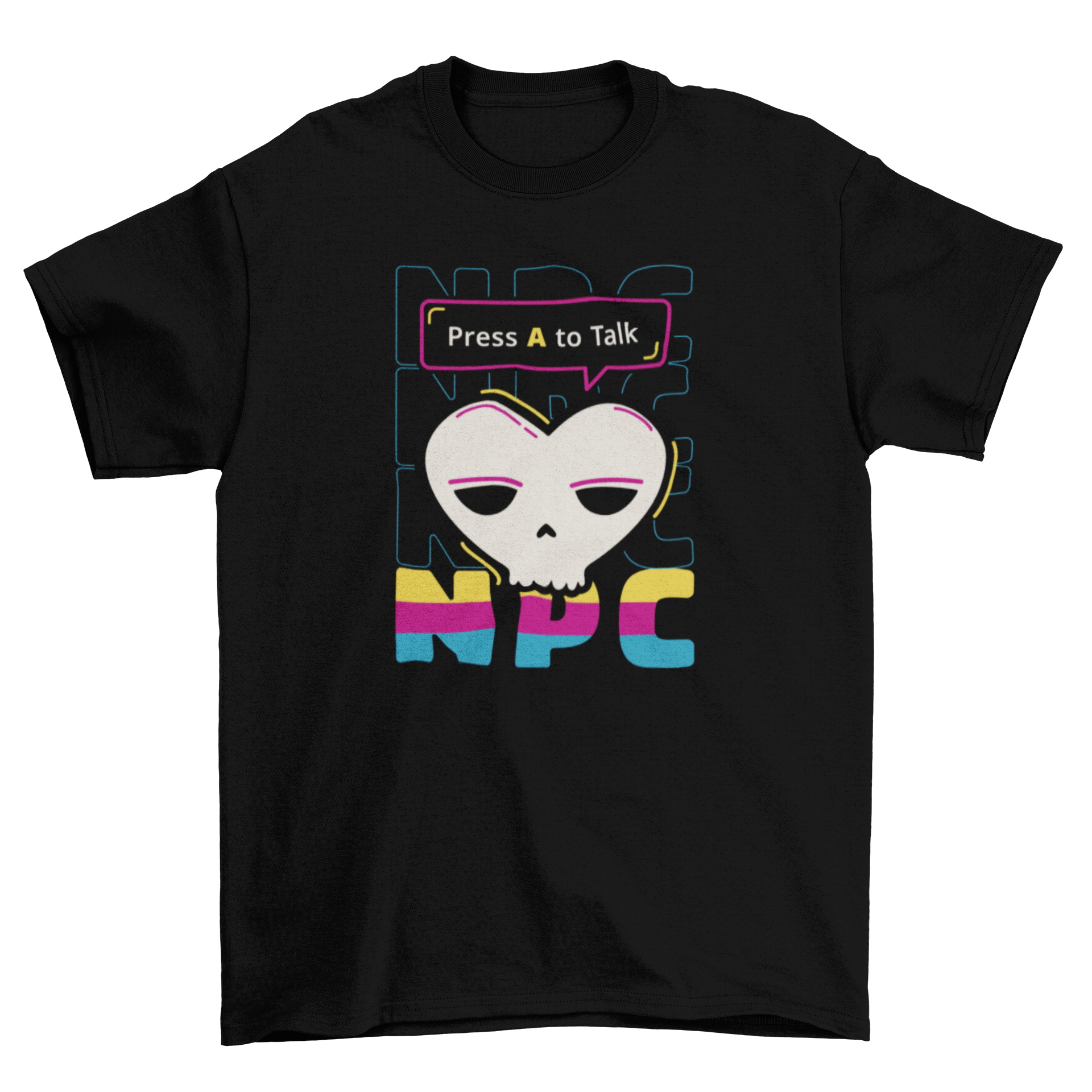 NPC Gaming retro t-shirt featuring the quote 'Press A to talk - NPC' in a stylish design for gamers.