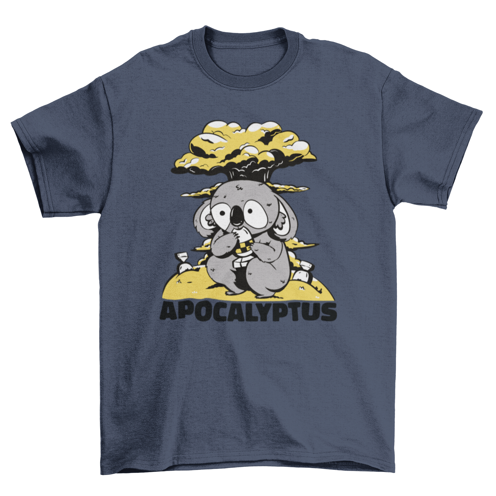 Nuclear Koala T-Shirt featuring a koala eating a nuclear symbol with the quote 'Apocalyptus'.