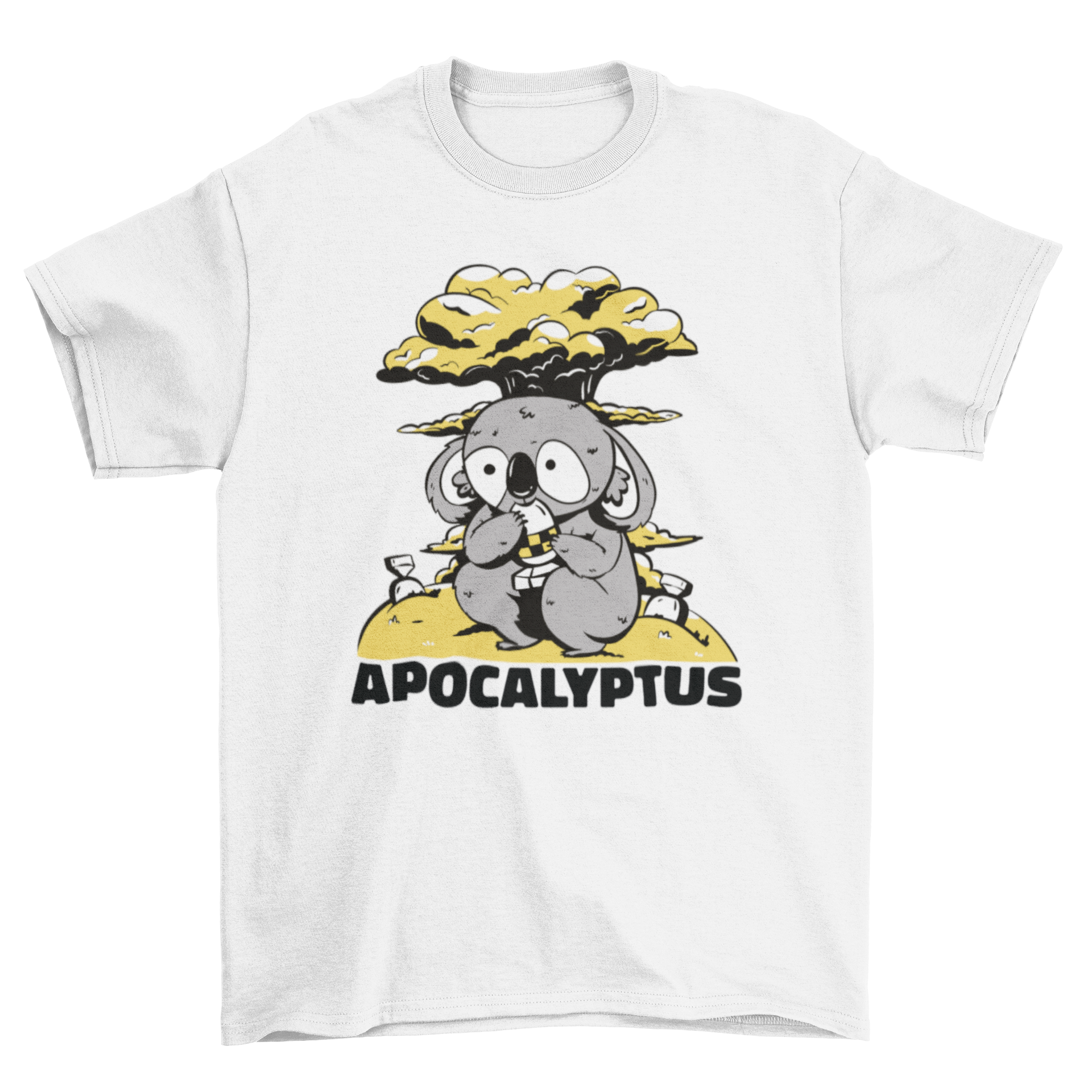 Nuclear Koala T-Shirt featuring a koala eating a nuclear symbol with the quote 'Apocalyptus'.