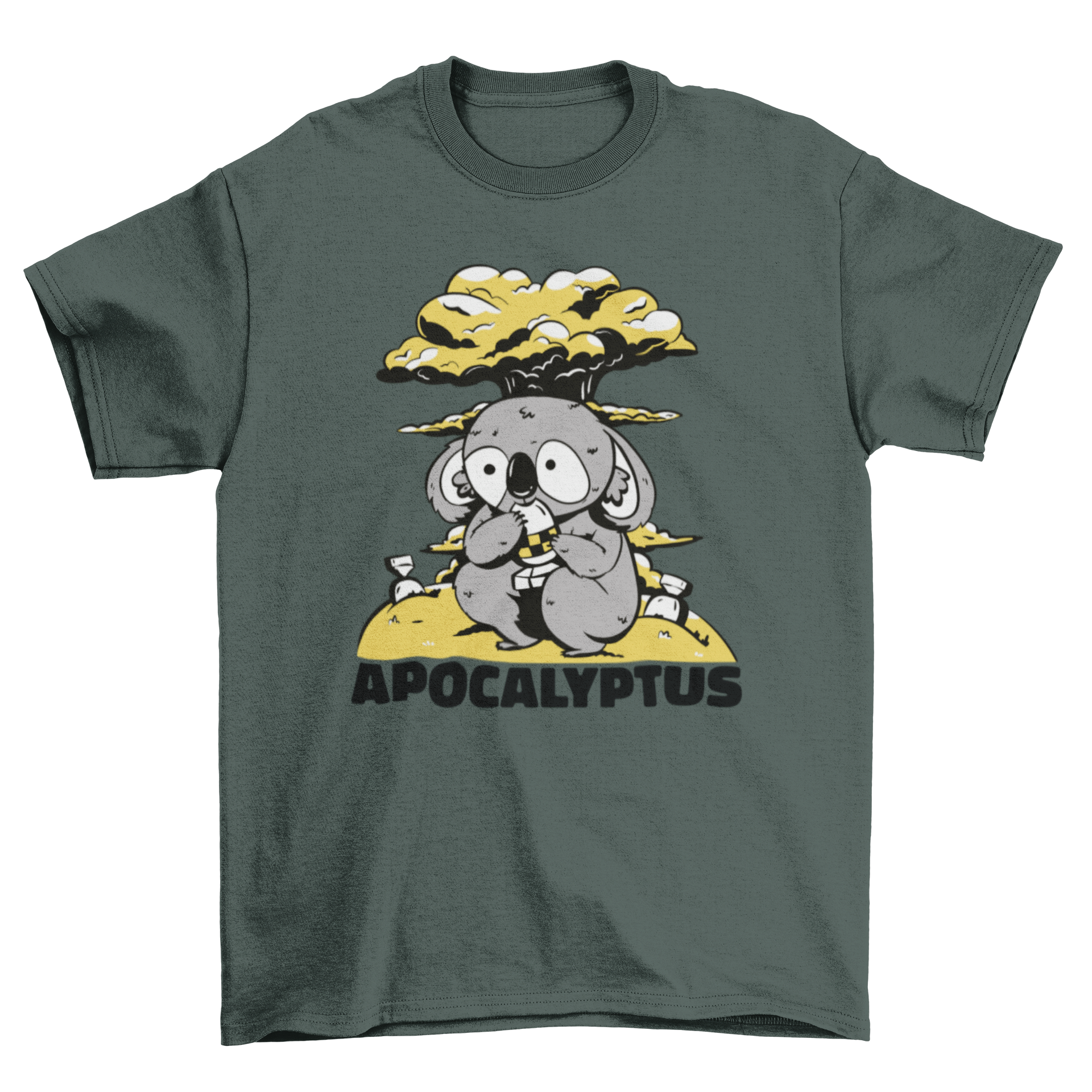 Nuclear Koala T-Shirt featuring a koala eating a nuclear symbol with the quote 'Apocalyptus'.