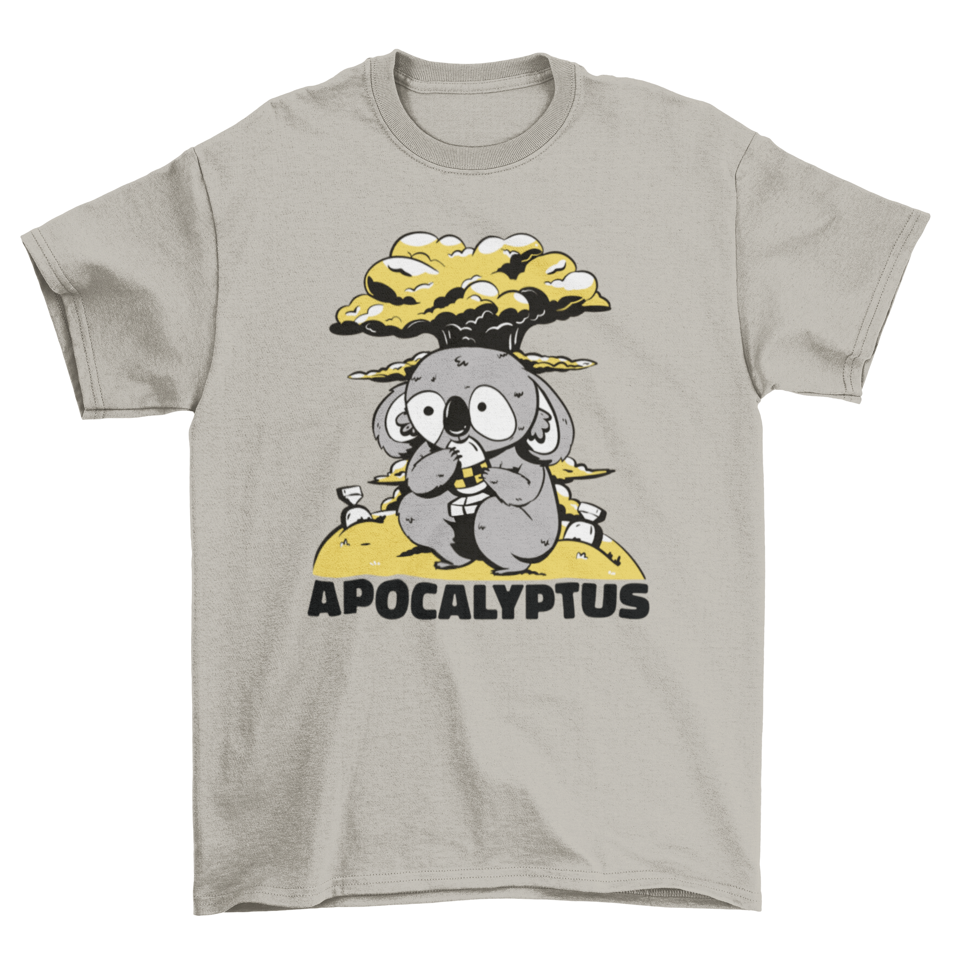 Nuclear Koala T-Shirt featuring a koala eating a nuclear symbol with the quote 'Apocalyptus'.