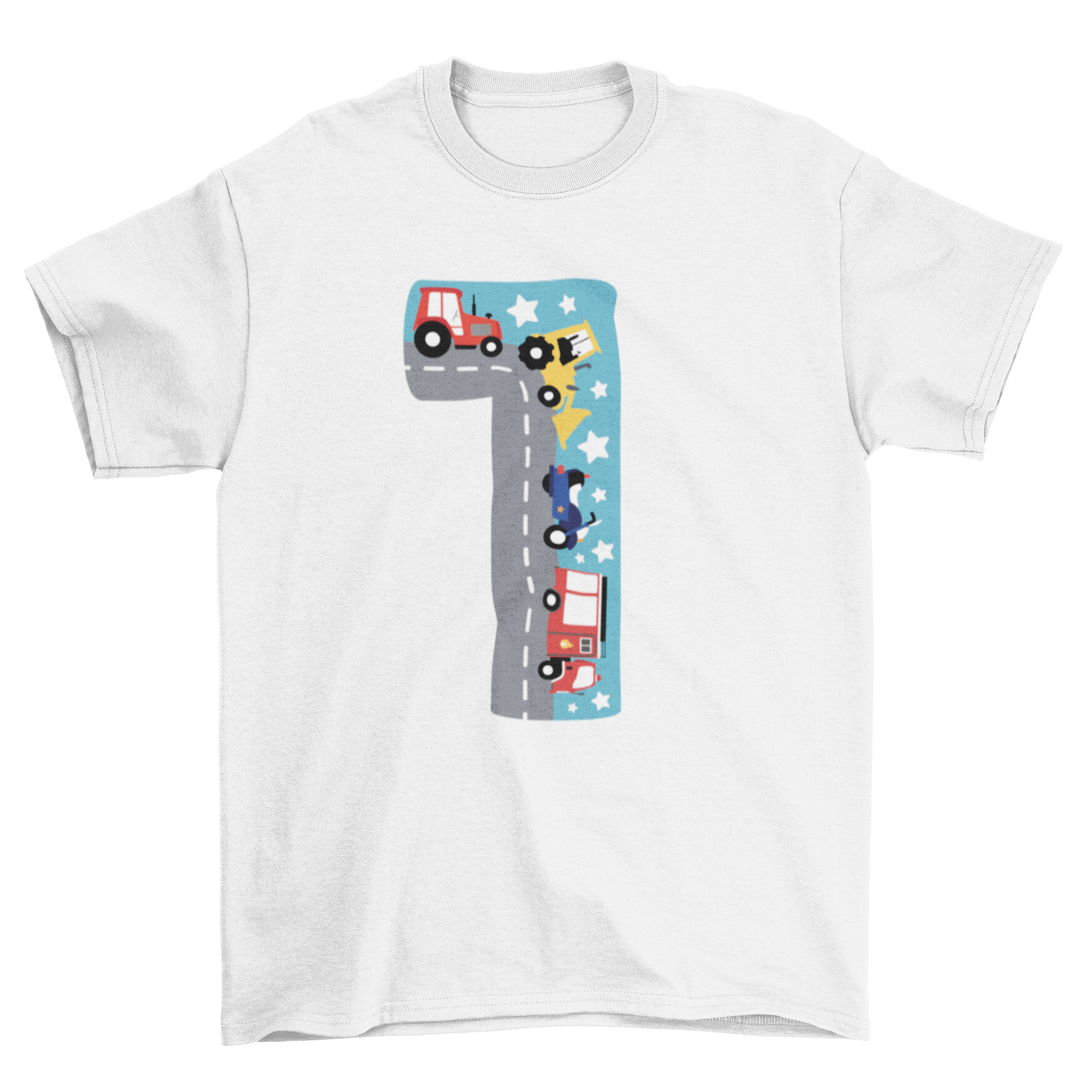 A colorful kids t-shirt featuring the number one with a street scene and various types of transport like cars and trucks.