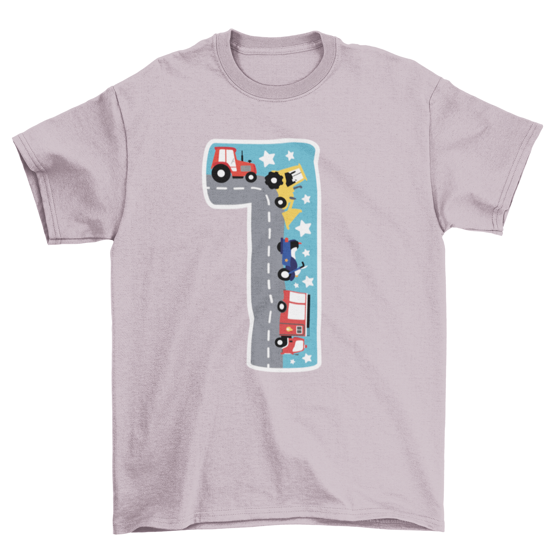 A colorful kids t-shirt featuring the number one with a street scene and various types of transport like cars and trucks.