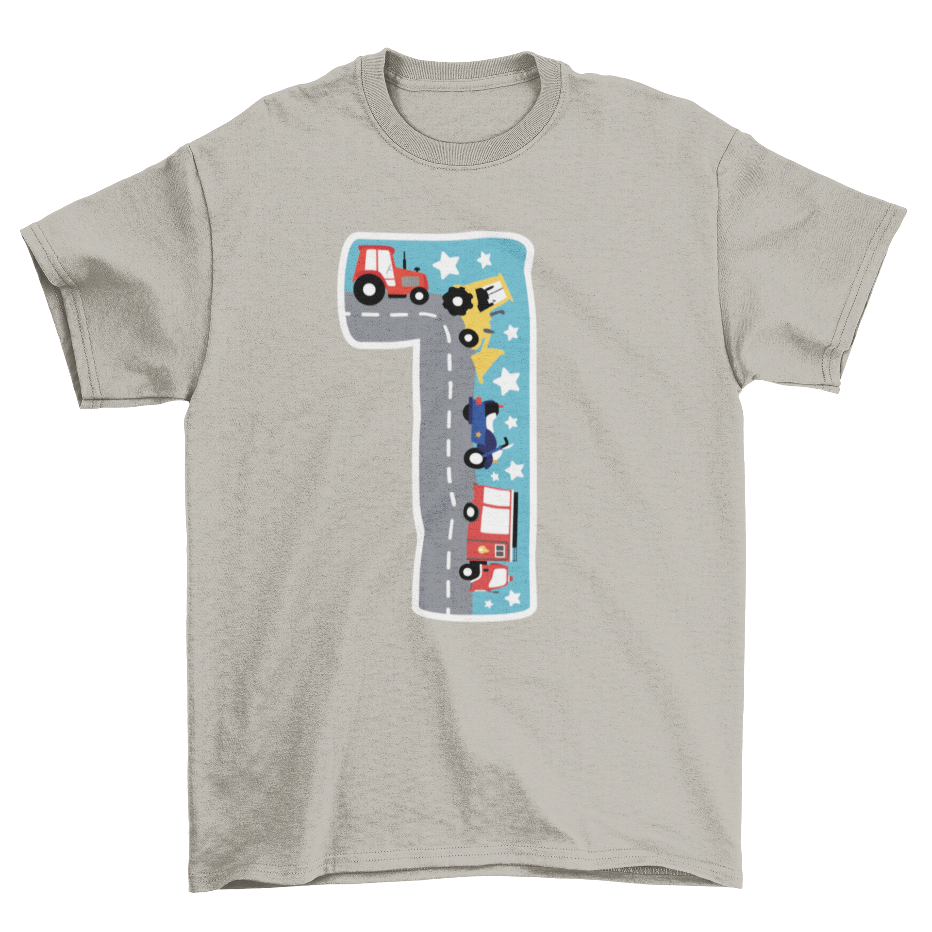 A colorful kids t-shirt featuring the number one with a street scene and various types of transport like cars and trucks.