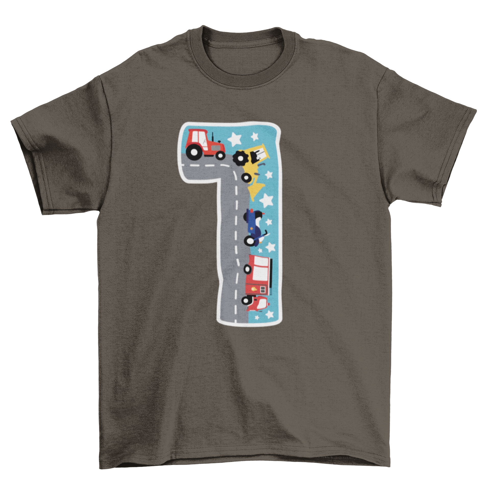 A colorful kids t-shirt featuring the number one with a street scene and various types of transport like cars and trucks.