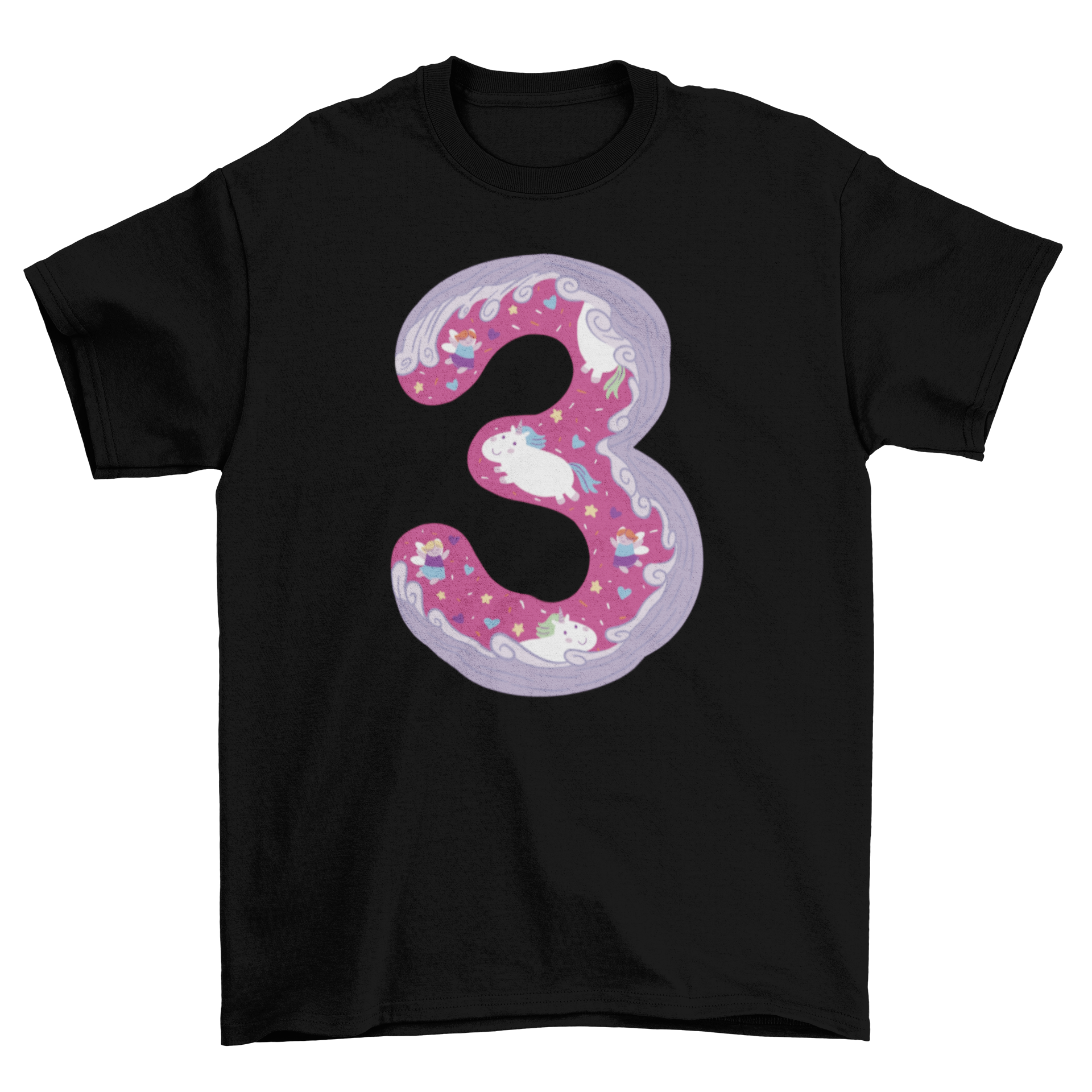 A stylish girly t-shirt featuring a doodle-style number three design, perfect for young girls.