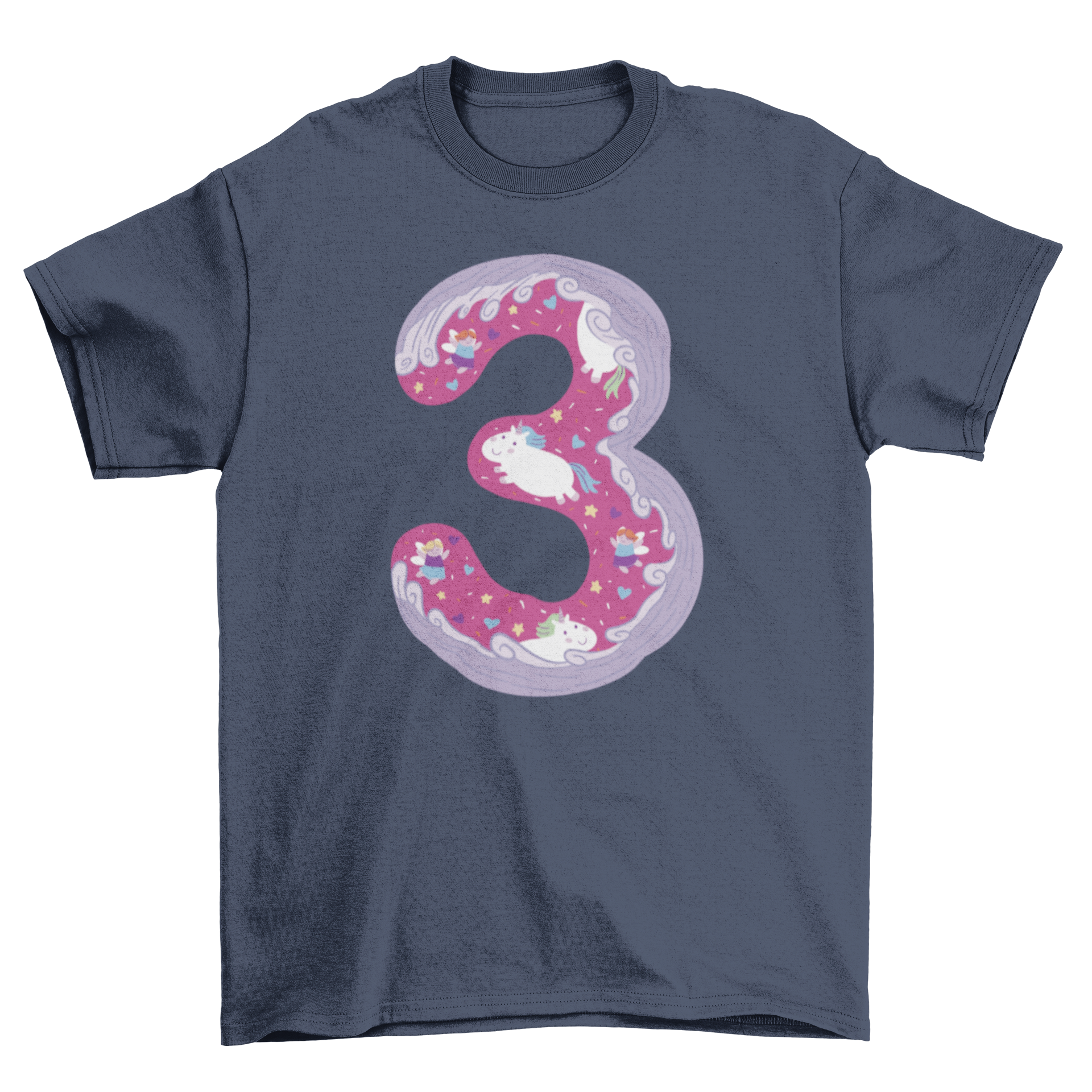 A stylish girly t-shirt featuring a doodle-style number three design, perfect for young girls.