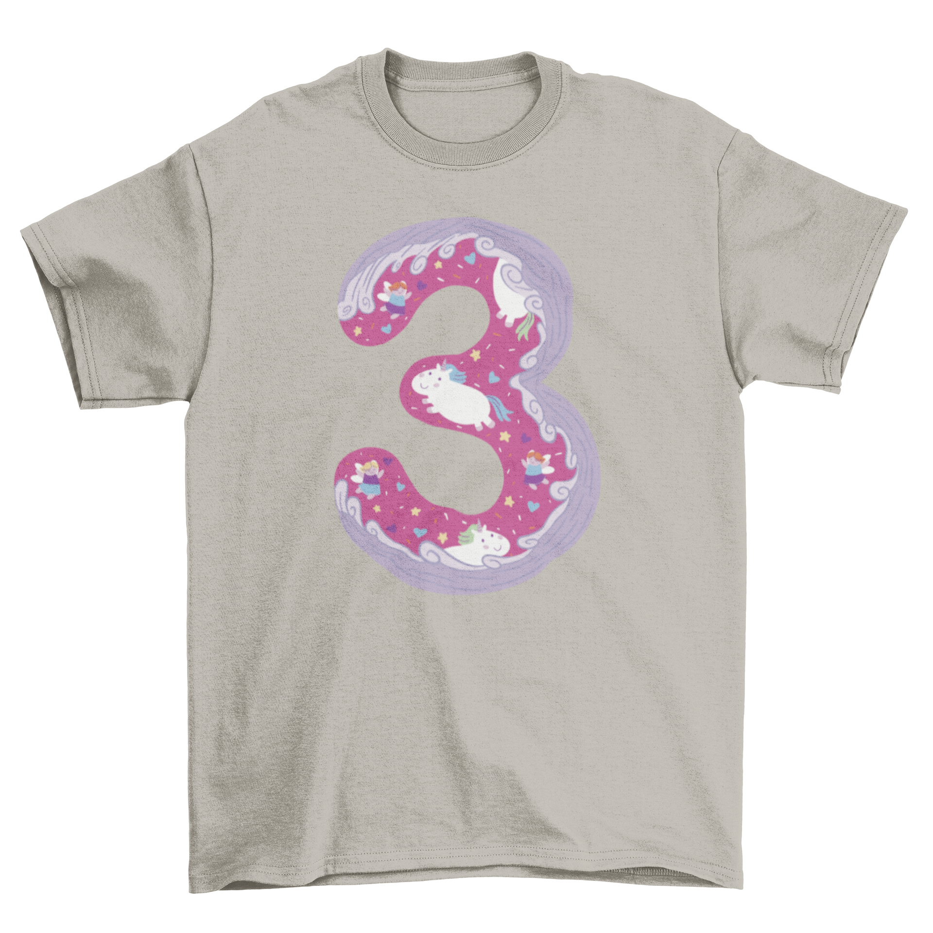 A stylish girly t-shirt featuring a doodle-style number three design, perfect for young girls.