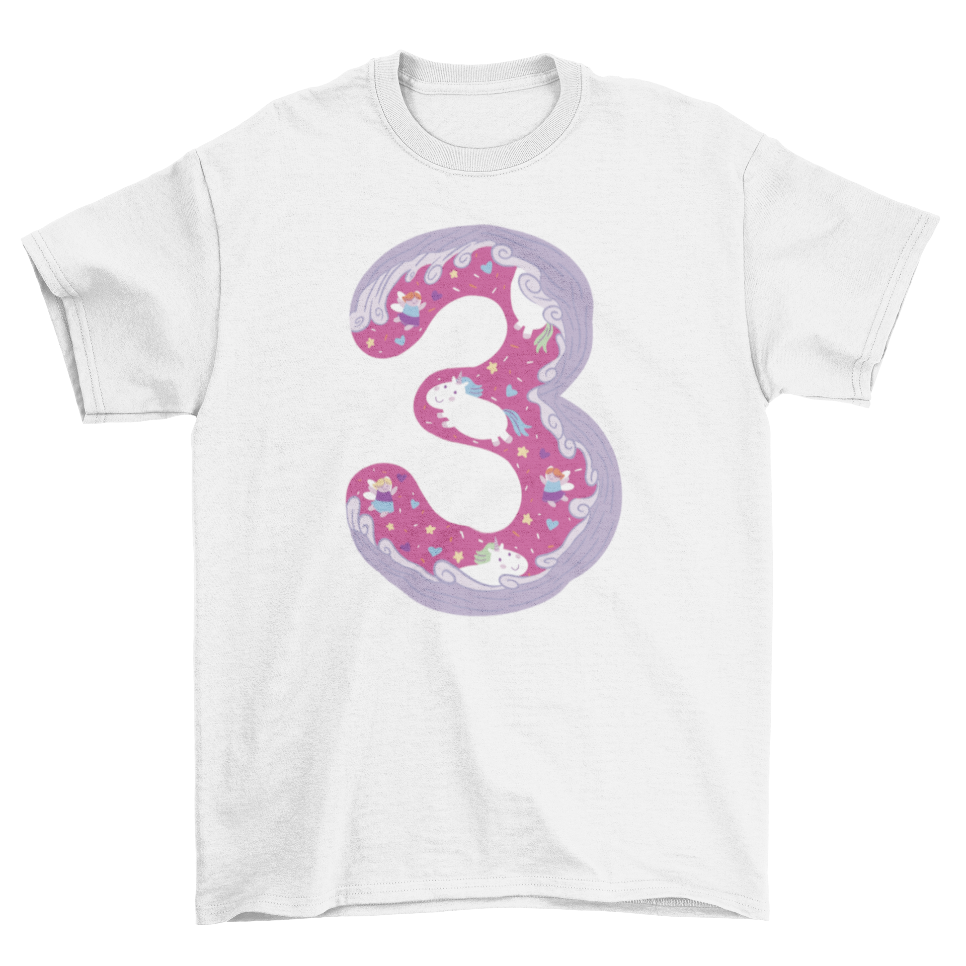 A stylish girly t-shirt featuring a doodle-style number three design, perfect for young girls.