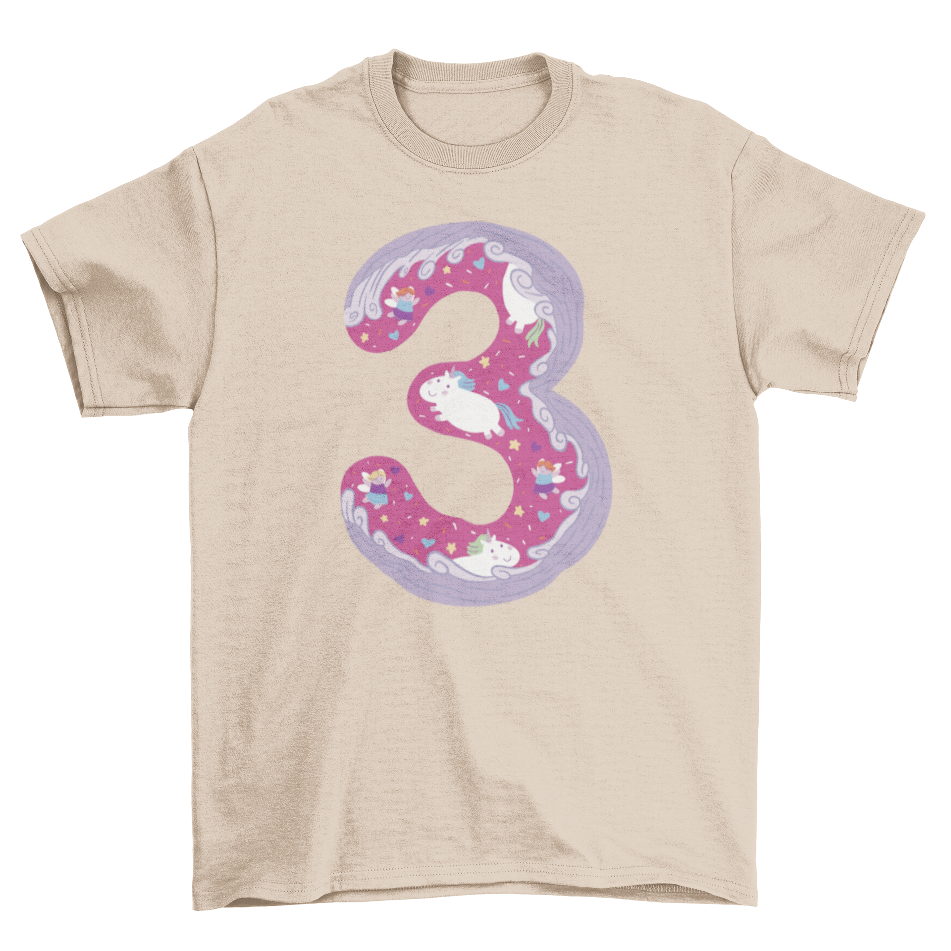 A stylish girly t-shirt featuring a doodle-style number three design, perfect for young girls.