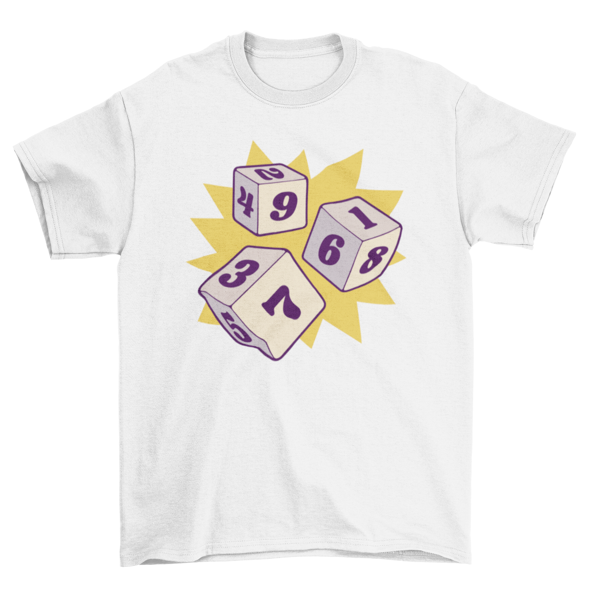 Stylish t-shirt featuring three colorful dice with numbers, perfect for gamers.