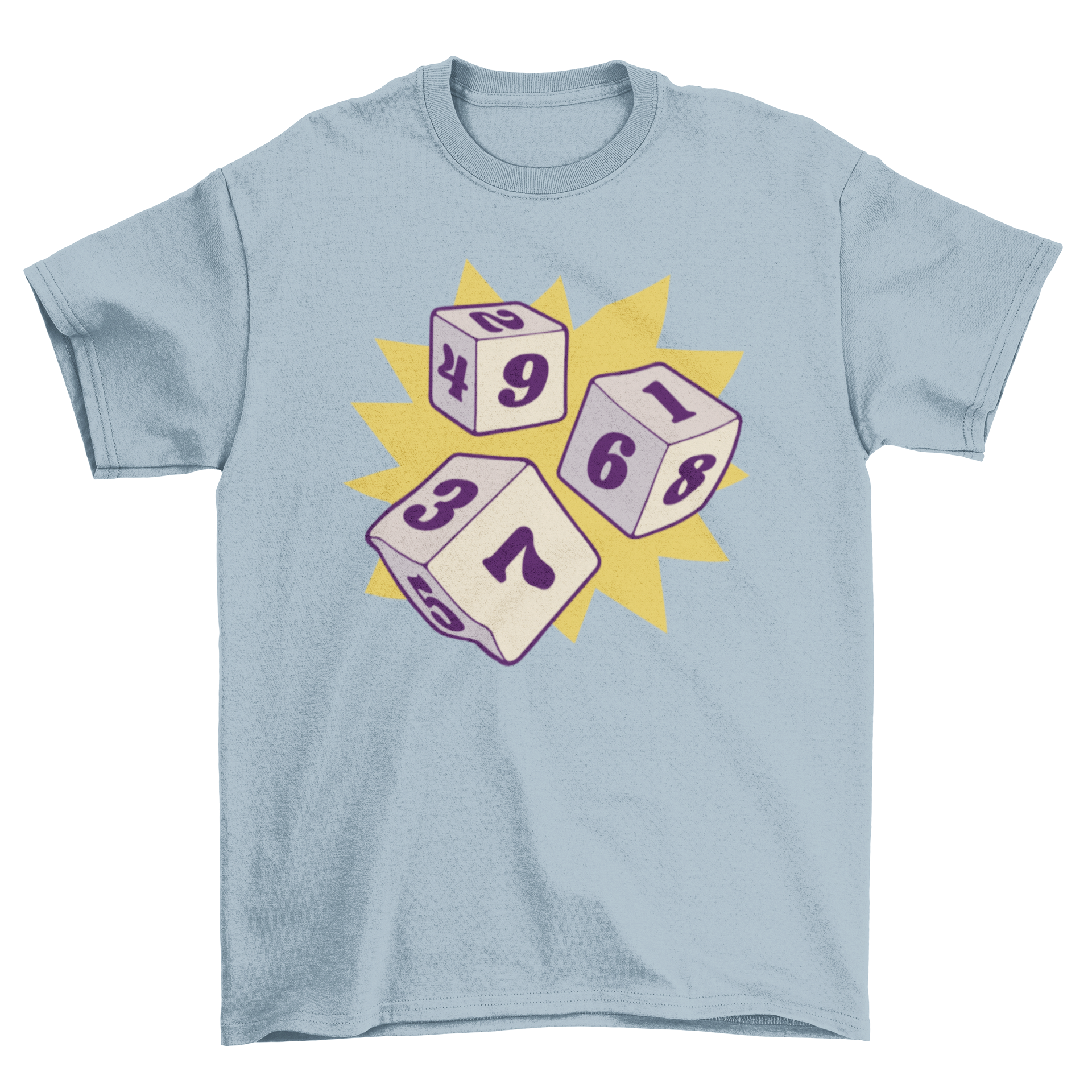 Stylish t-shirt featuring three colorful dice with numbers, perfect for gamers.