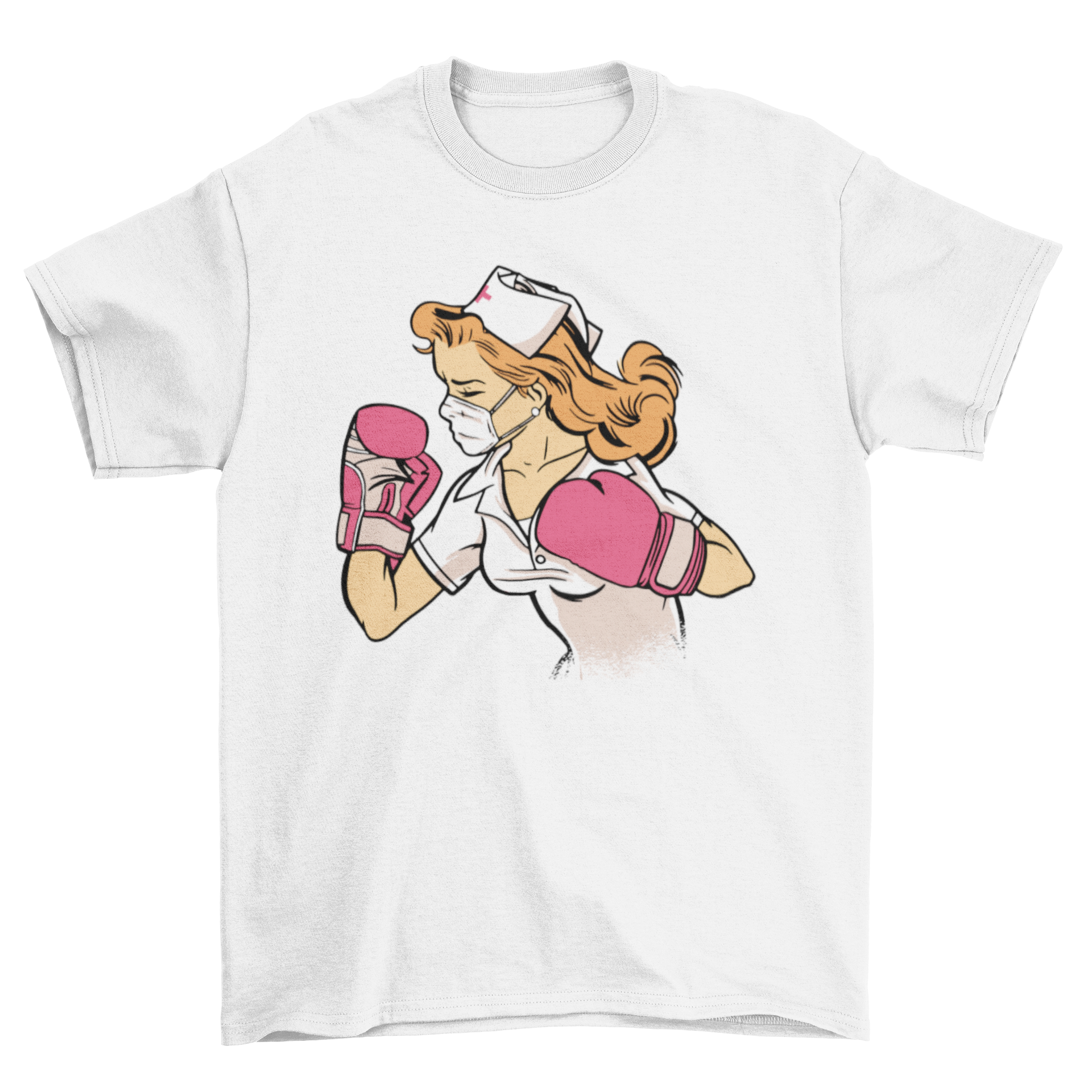 A stylish Nurse Boxer T-shirt featuring a female nurse in boxing gloves, symbolizing strength and dedication.