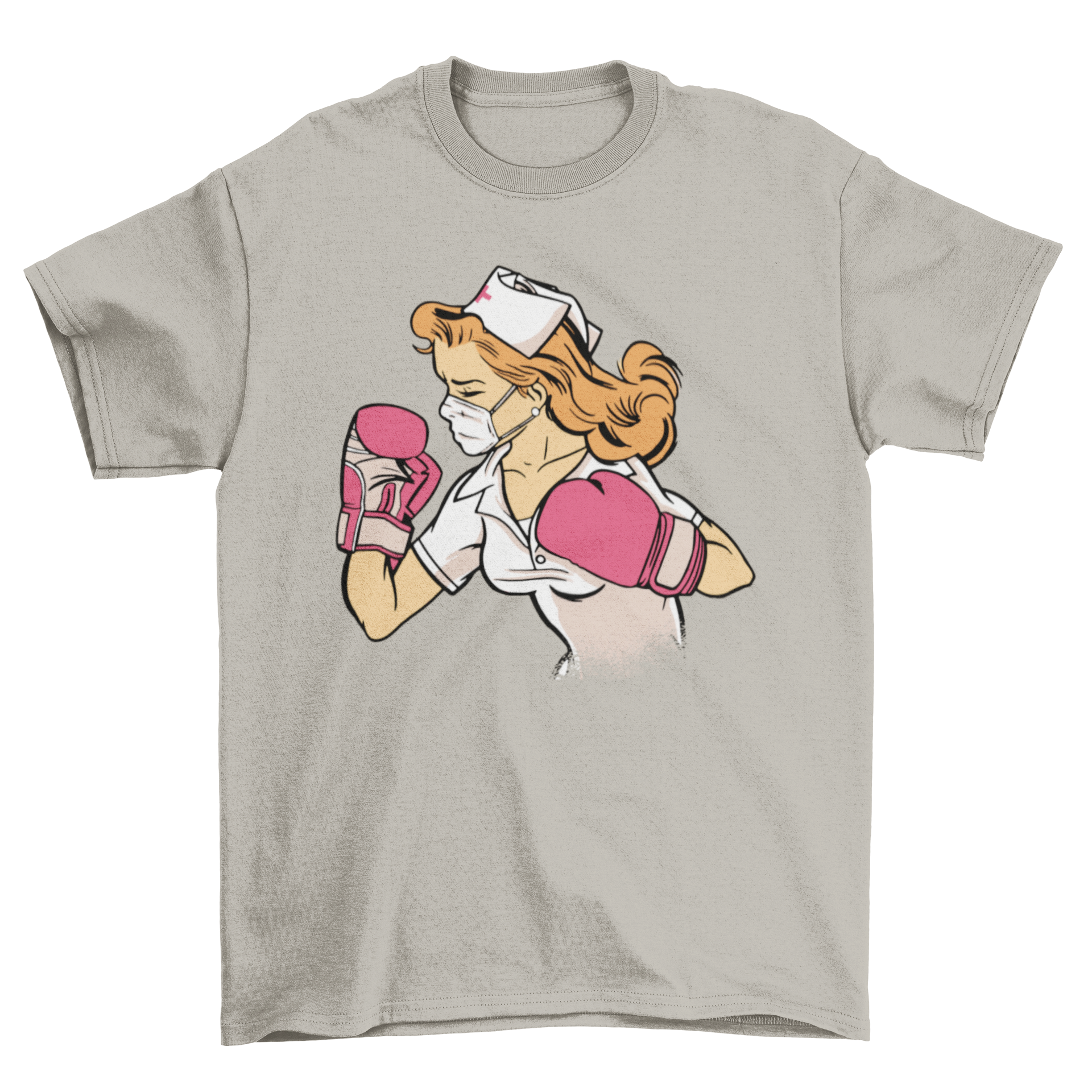 A stylish Nurse Boxer T-shirt featuring a female nurse in boxing gloves, symbolizing strength and dedication.