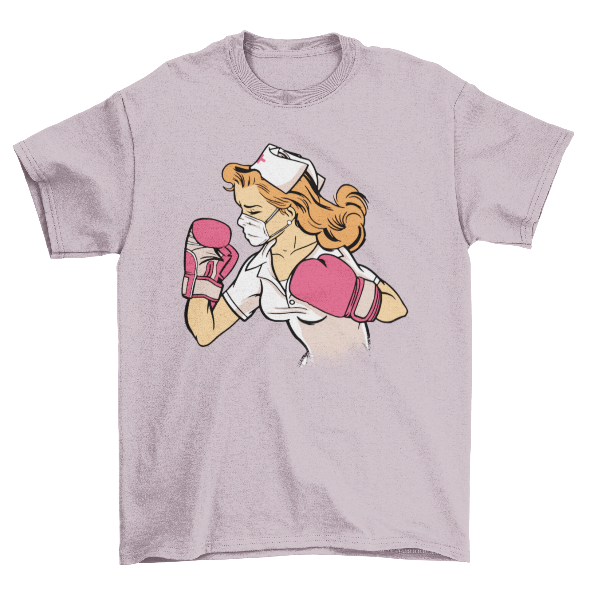 A stylish Nurse Boxer T-shirt featuring a female nurse in boxing gloves, symbolizing strength and dedication.