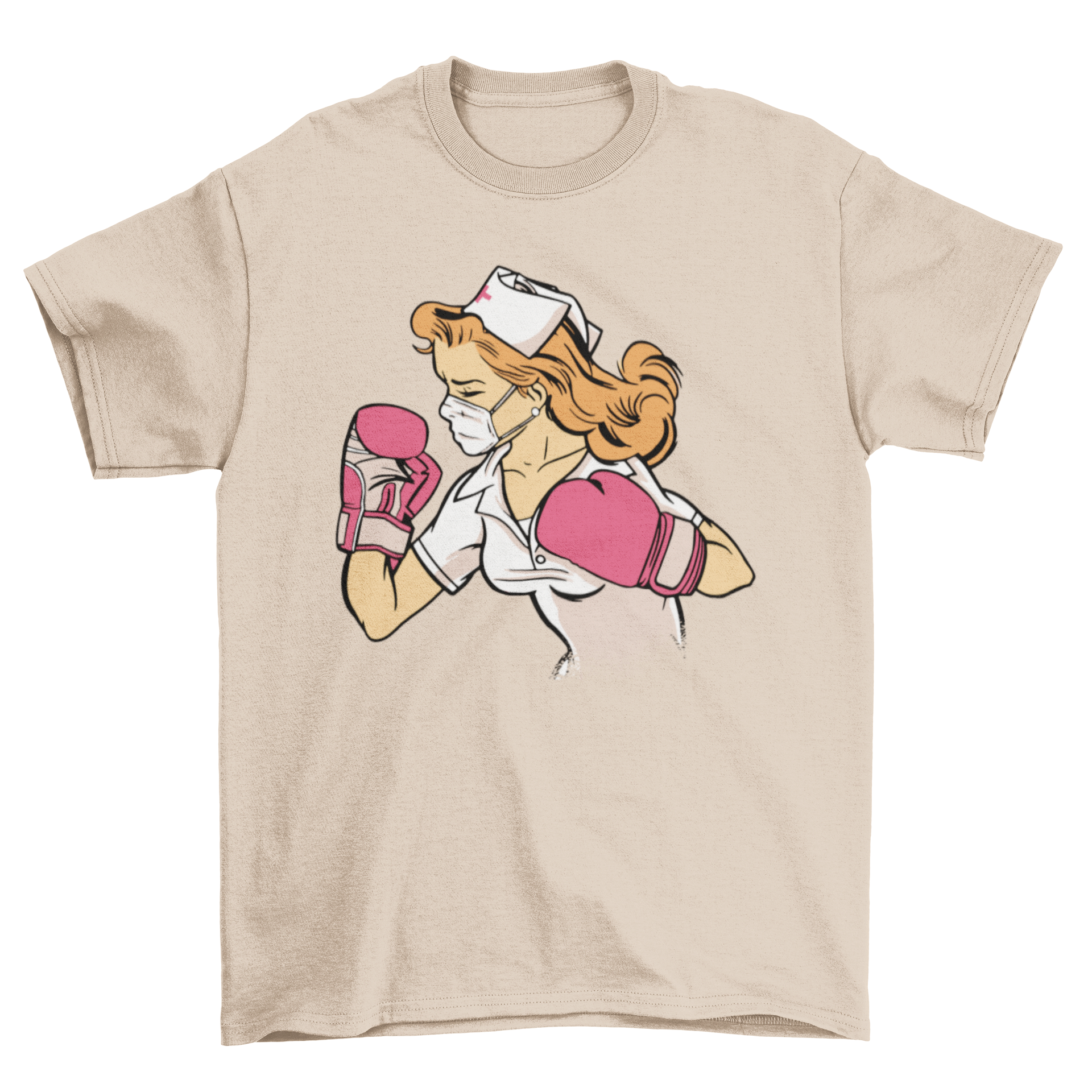 A stylish Nurse Boxer T-shirt featuring a female nurse in boxing gloves, symbolizing strength and dedication.