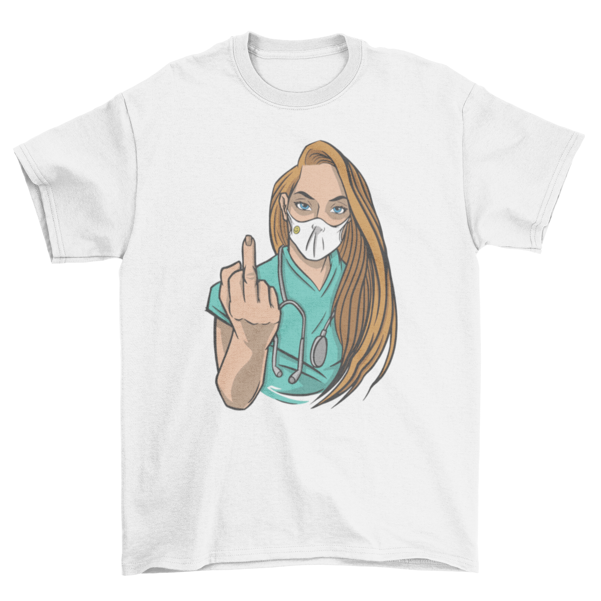 A humorous t-shirt featuring a nurse in a face mask flipping off, showcasing a bold design for healthcare professionals.