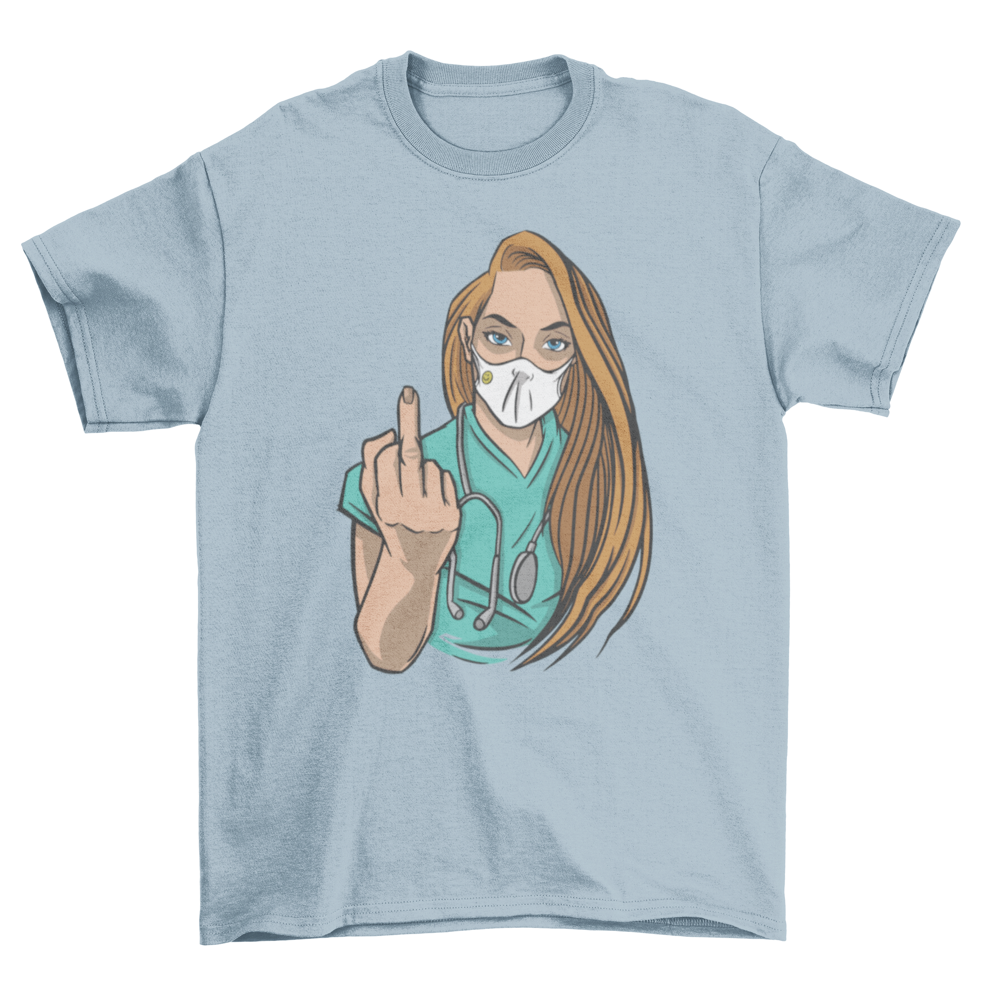 A humorous t-shirt featuring a nurse in a face mask flipping off, showcasing a bold design for healthcare professionals.