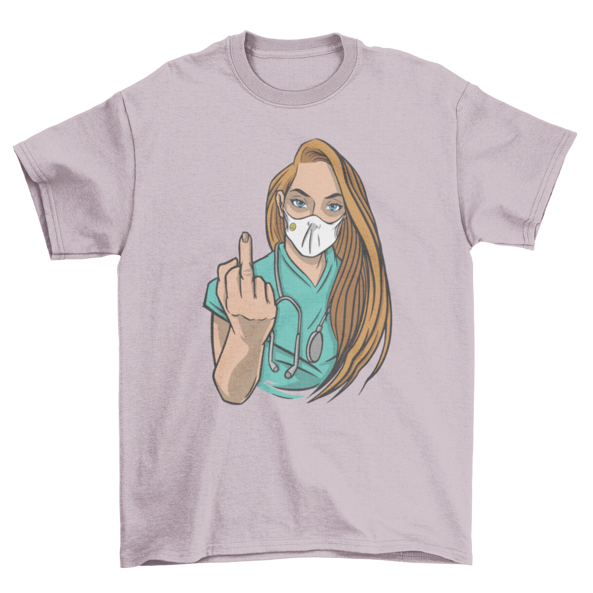 A humorous t-shirt featuring a nurse in a face mask flipping off, showcasing a bold design for healthcare professionals.