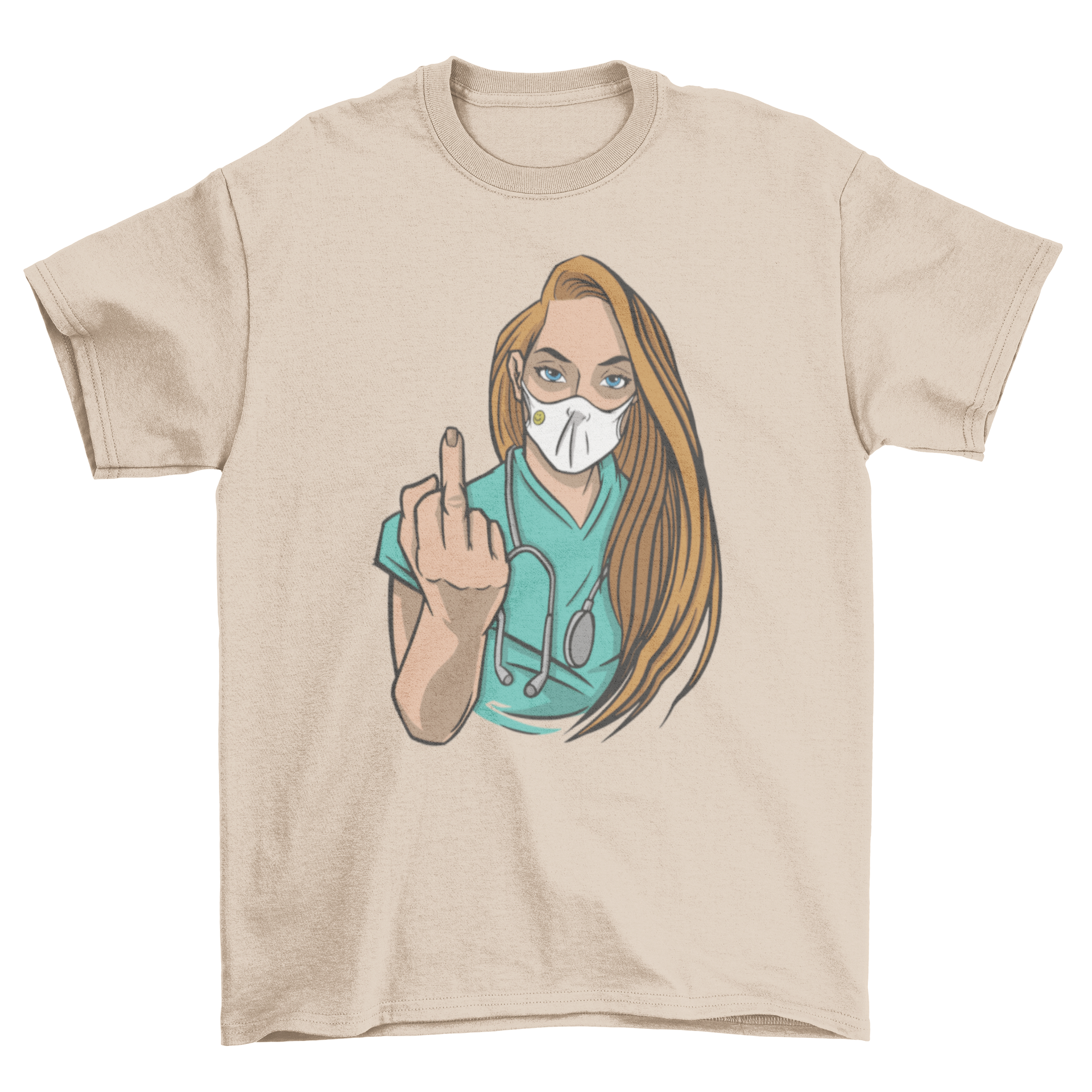 A humorous t-shirt featuring a nurse in a face mask flipping off, showcasing a bold design for healthcare professionals.