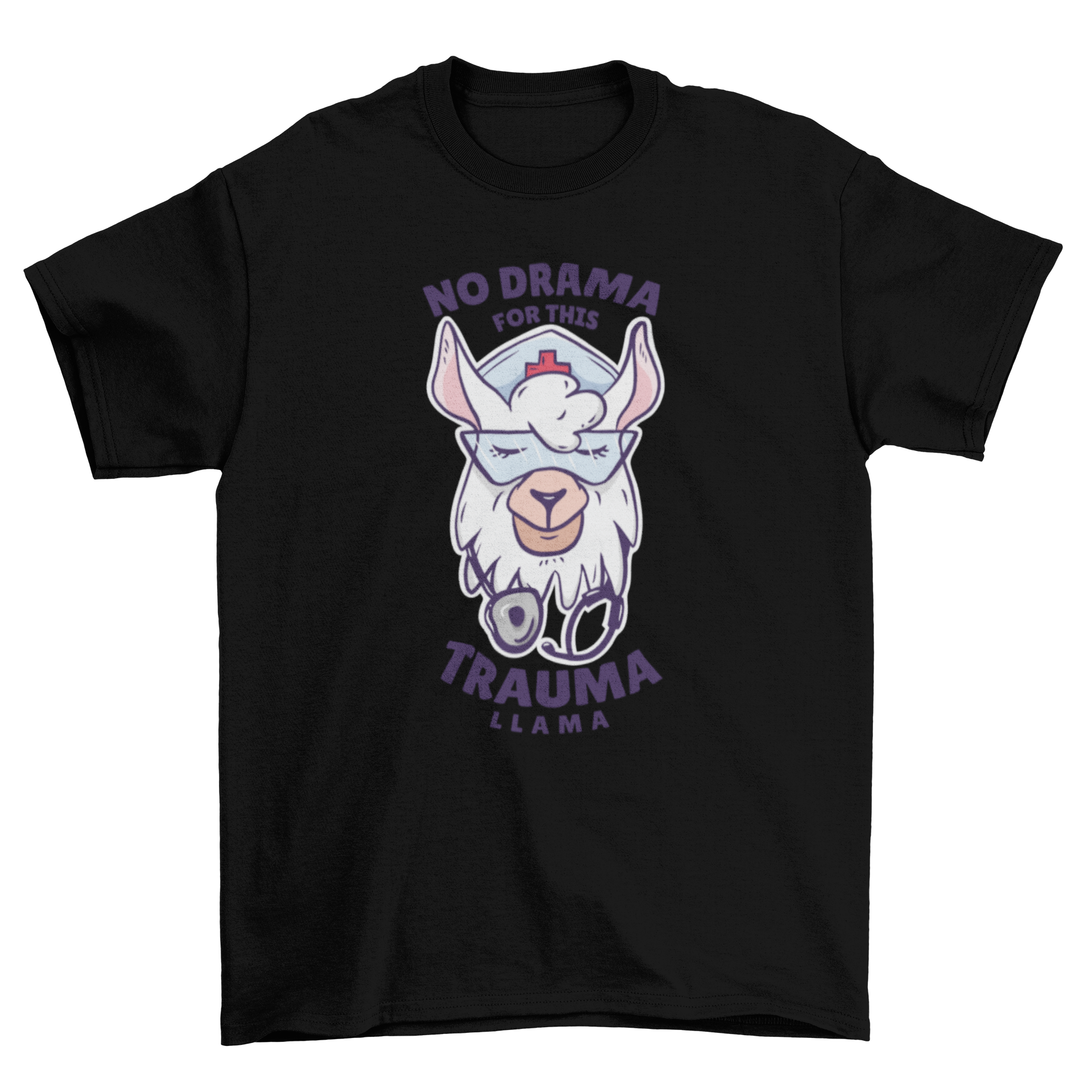 A colorful t-shirt featuring a cute nurse llama illustration and the quote 'No drama for this trauma llama'.