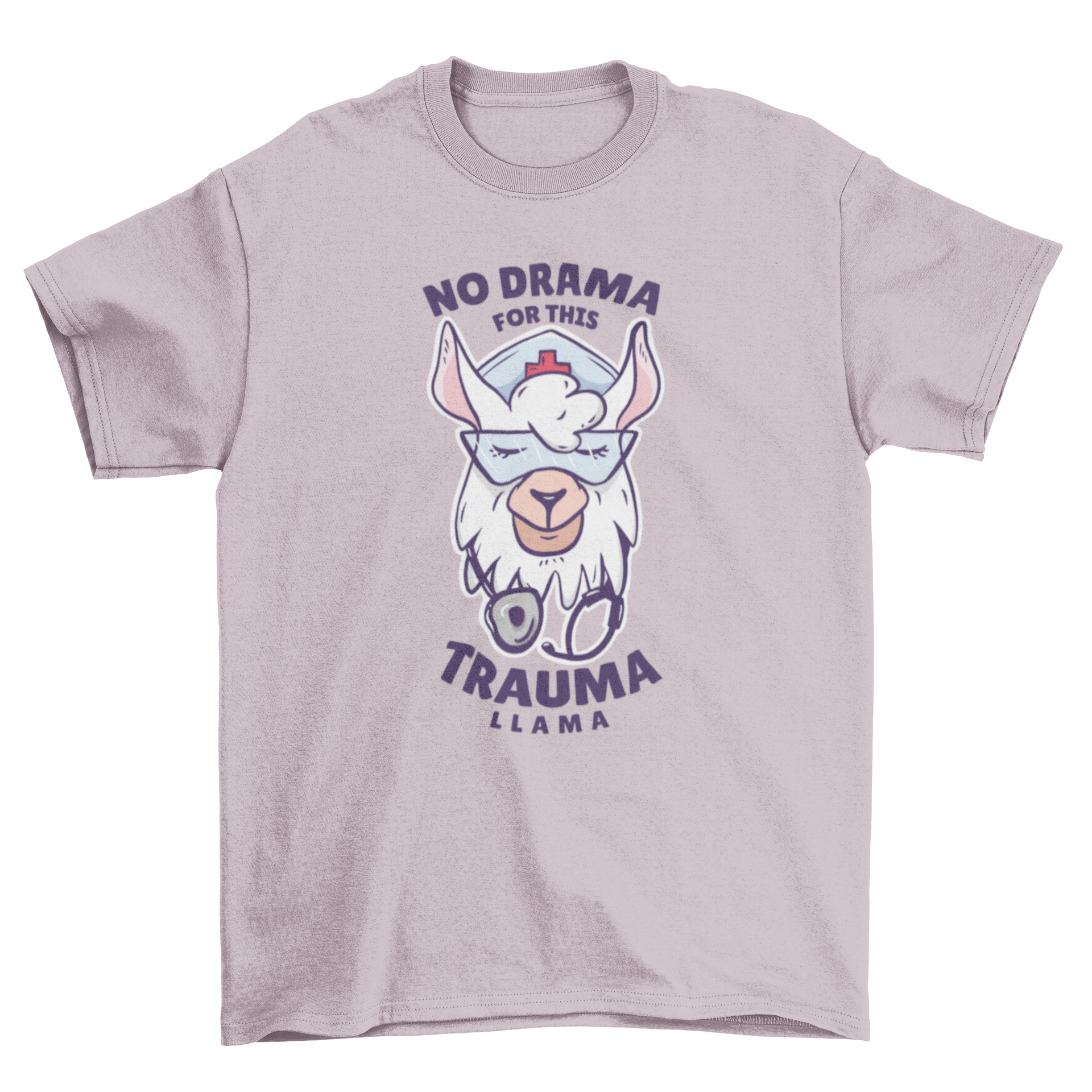 A colorful t-shirt featuring a cute nurse llama illustration and the quote 'No drama for this trauma llama'.